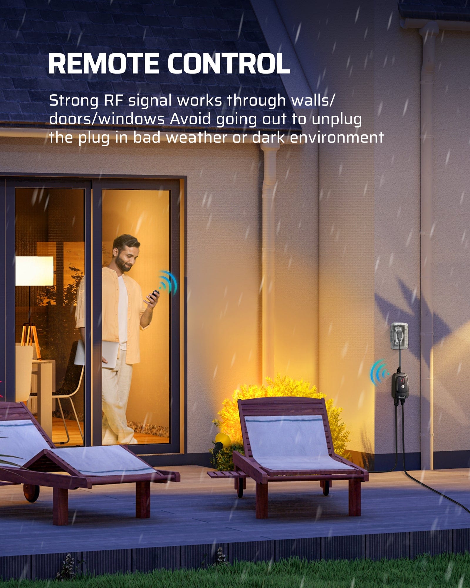 Outdoor Light Timer: Features a strong RF remote that works through walls and doors. Control devices from a distance to avoid bad weather or dark environments.