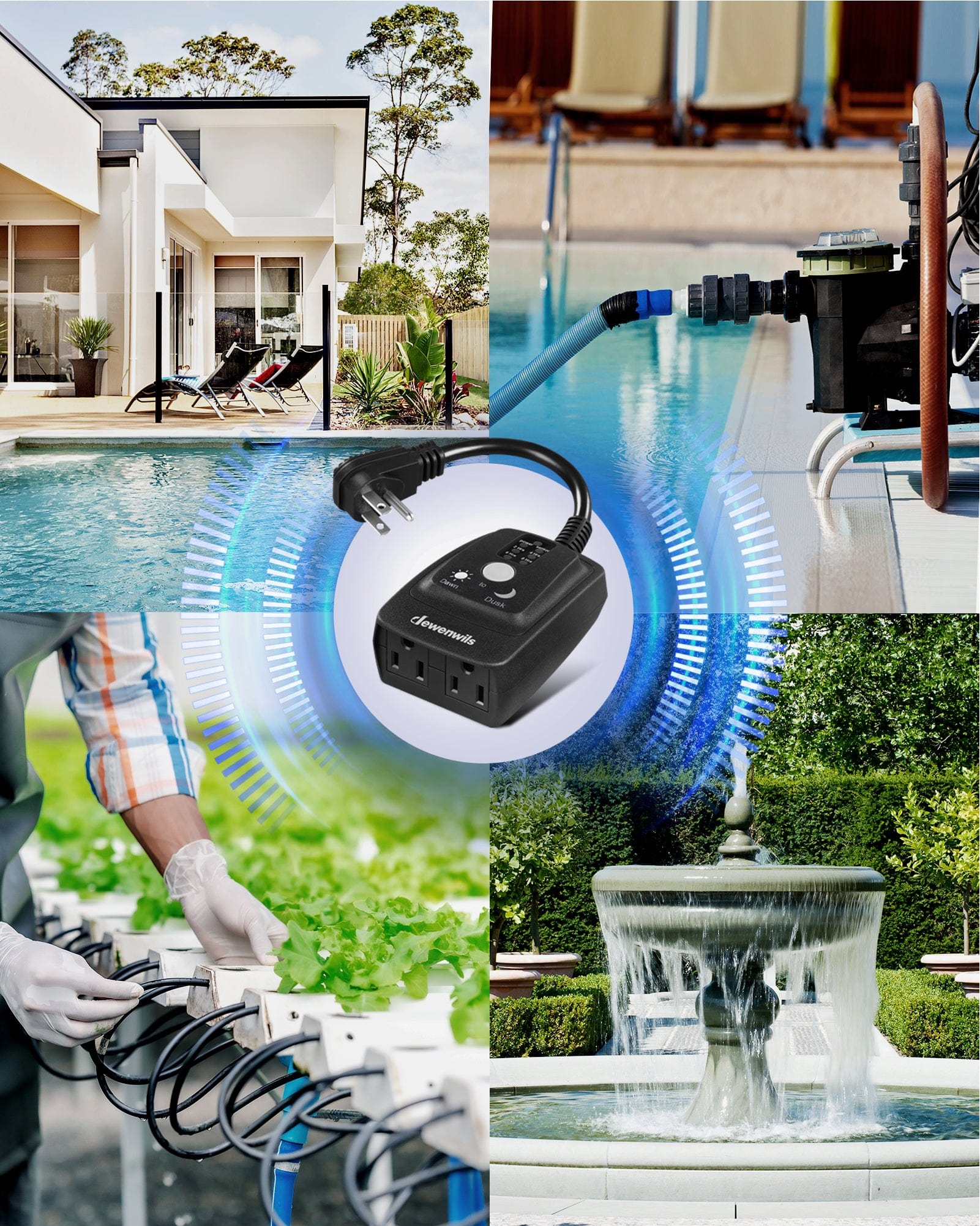 DEWENWILS Dawn to Dusk Outdoor Timer Waterproof, 125V/ 15A Plug in Sensor Outlet Timer Switch, 100FT Range Remote Control with 2 Grounded Electrical Outlets for Pool Pumps, Fountain-HODT12E