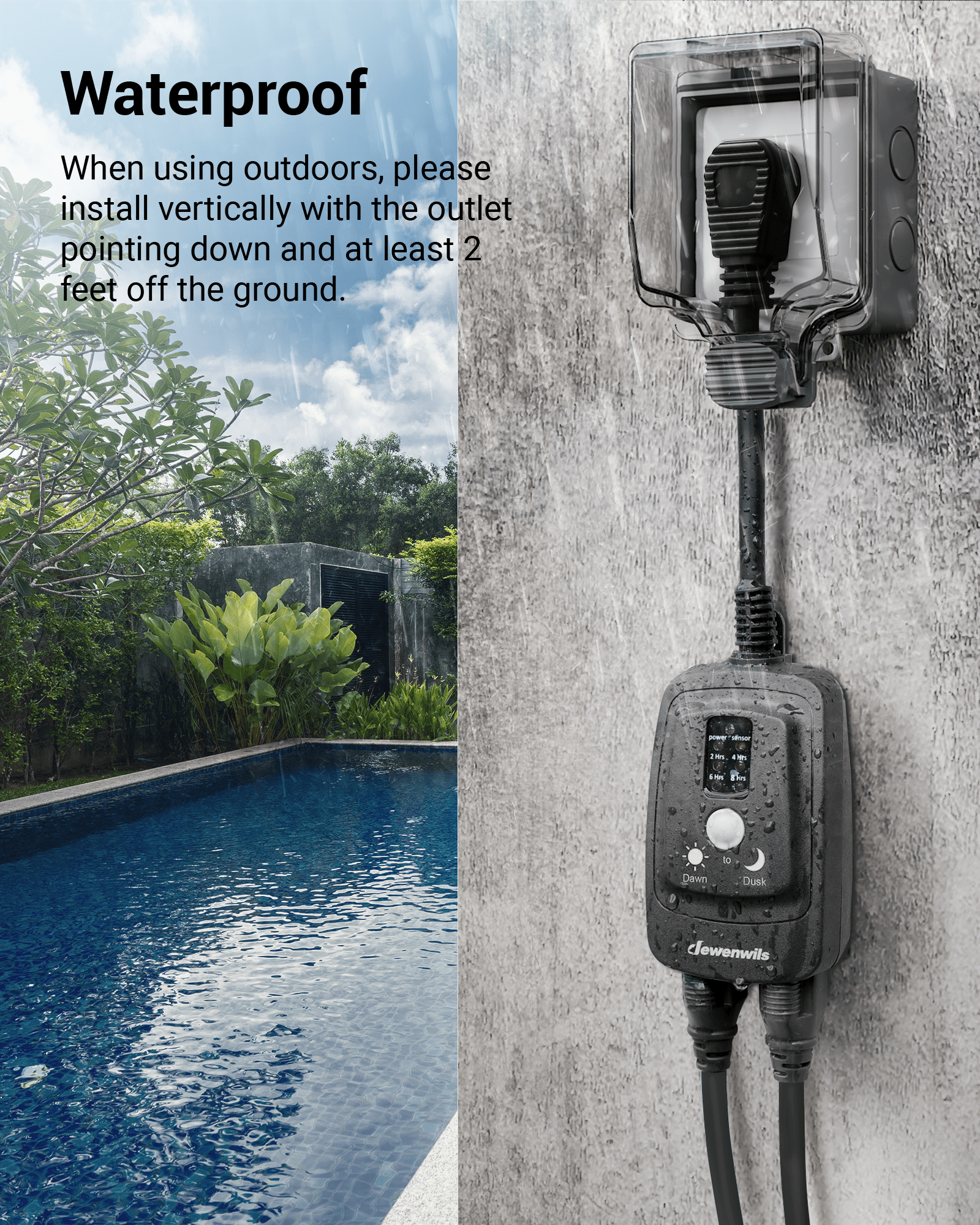DEWENWILS Dawn to Dusk Outdoor Timer Waterproof, 125V/ 15A Plug in Sensor Outlet Timer Switch, 100FT Range Remote Control with 2 Grounded Electrical Outlets for Pool Pumps, Fountain-HODT12E