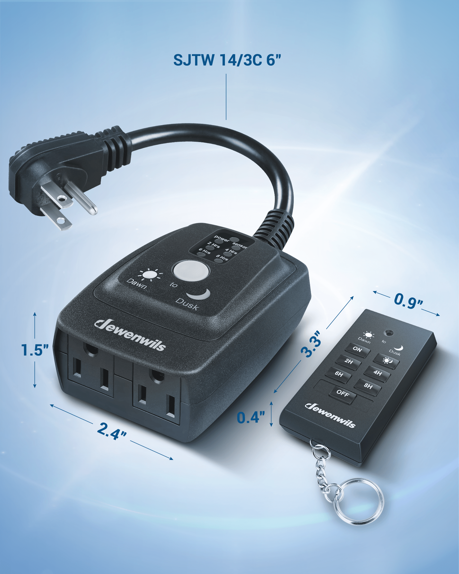 DEWENWILS Dawn to Dusk Outdoor Timer Waterproof, 125V/ 15A Plug in Sensor Outlet Timer Switch, 100FT Range Remote Control with 2 Grounded Electrical Outlets for Pool Pumps, Fountain-HODT12E