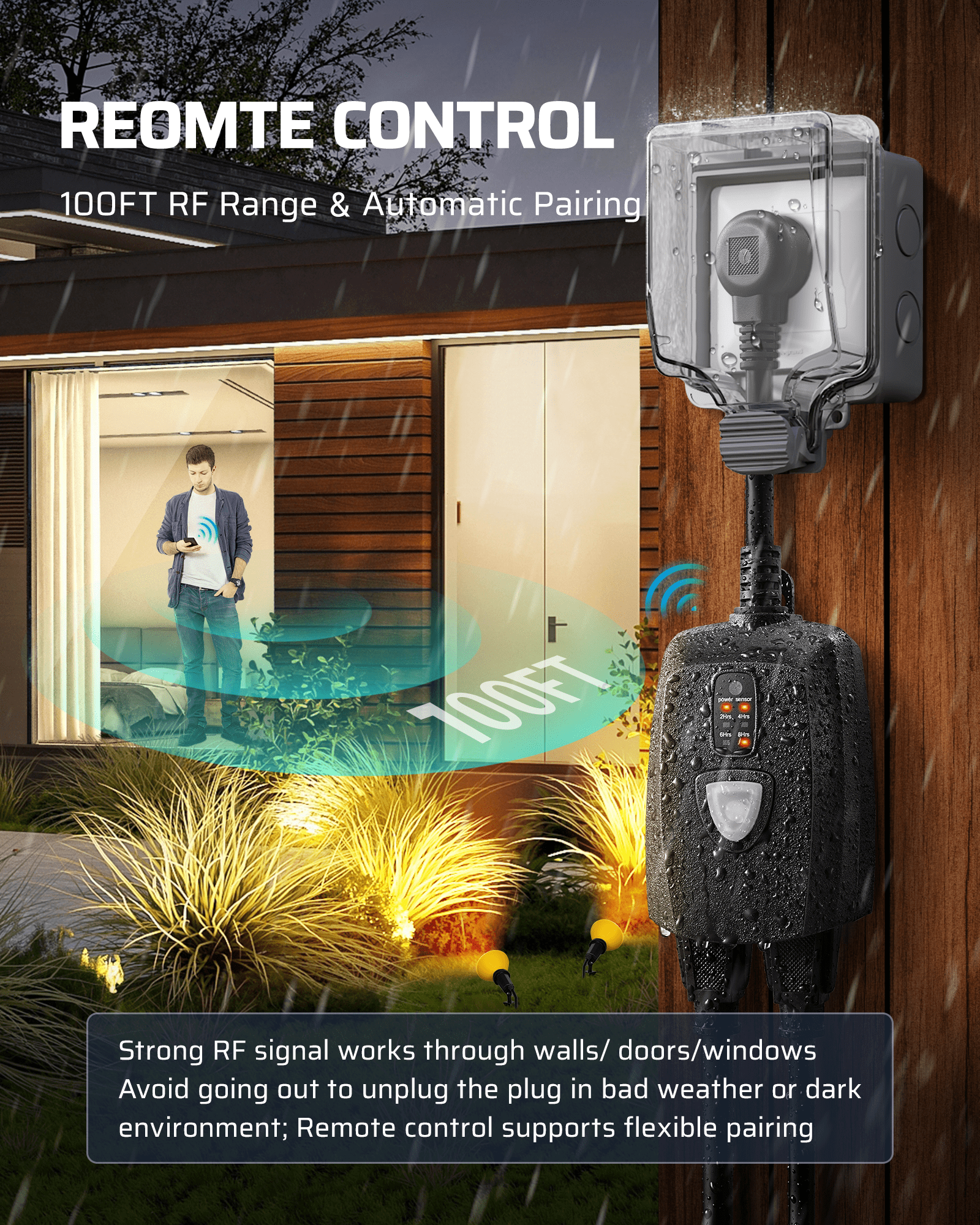 DEWENWILS Waterproof Outdoor Light Timer, 15A 1/2HP Outlet Timer Outdoor with 2 Grounded Outlets, 100FT Remote Control, Outdoor Timer for Lamps, Decorations, Pump, Sprinkler, Fountain-HODT12G