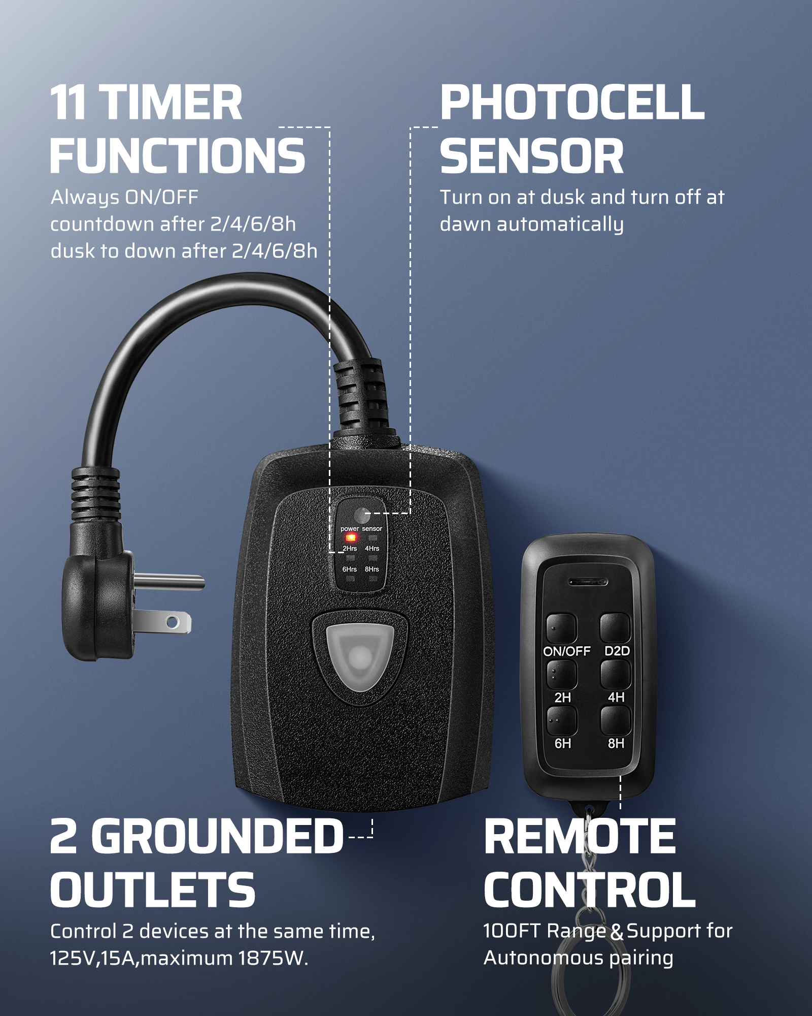 DEWENWILS Waterproof Outdoor Light Timer, 15A 1/2HP Outlet Timer Outdoor with 2 Grounded Outlets, 100FT Remote Control, Outdoor Timer for Lamps, Decorations, Pump, Sprinkler, Fountain-HODT12G