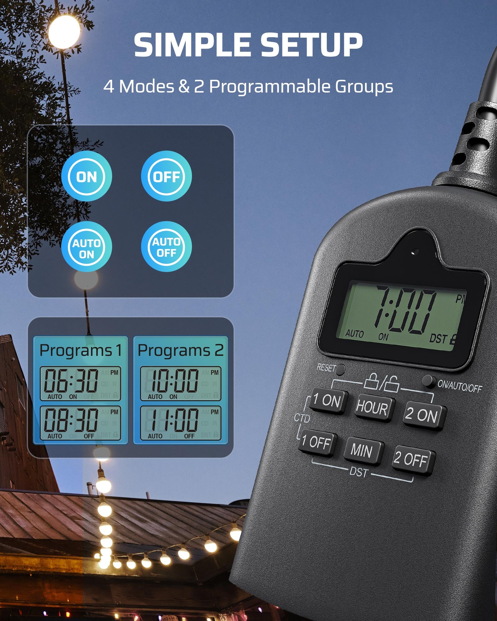 DEWENWILS Outdoor Timer Outlet Waterproof, Outdoor Digital Timer for Lights, Programmable with 2 Grounded Outlets, for Home and Garden, 15A, 1/2HP, Heavy Duty-HODT12H