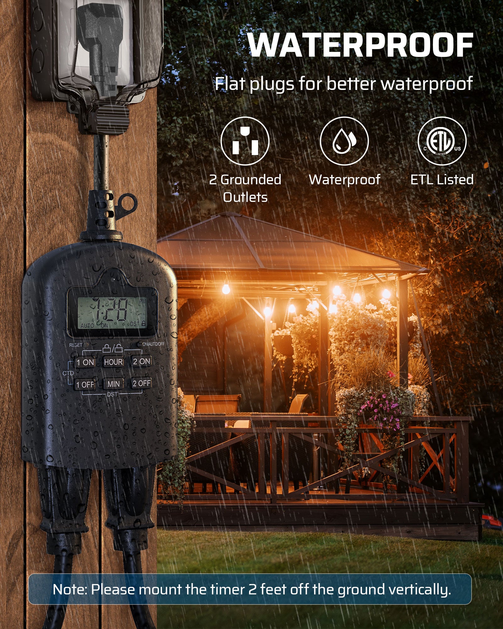 DEWENWILS Outdoor Timer Outlet Waterproof, Outdoor Digital Timer for Lights, Programmable with 2 Grounded Outlets, for Home and Garden, 15A, 1/2HP, Heavy Duty-HODT12H