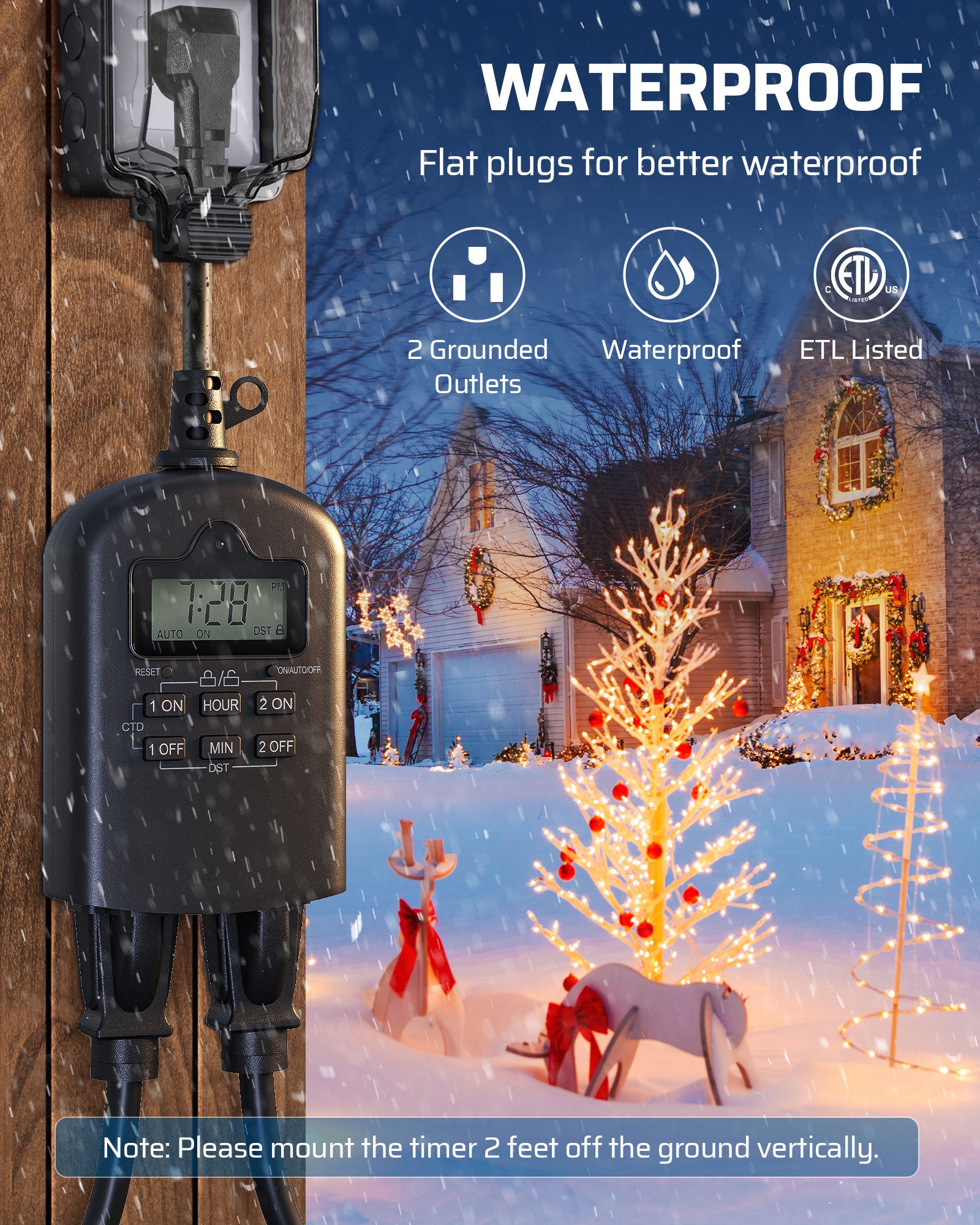 DEWENWILS Outdoor Timer Outlet Waterproof, Outdoor Digital Timer for Lights, Programmable with 2 Grounded Outlets, for Home and Garden, 15A, 1/2HP, Heavy Duty-HODT12H