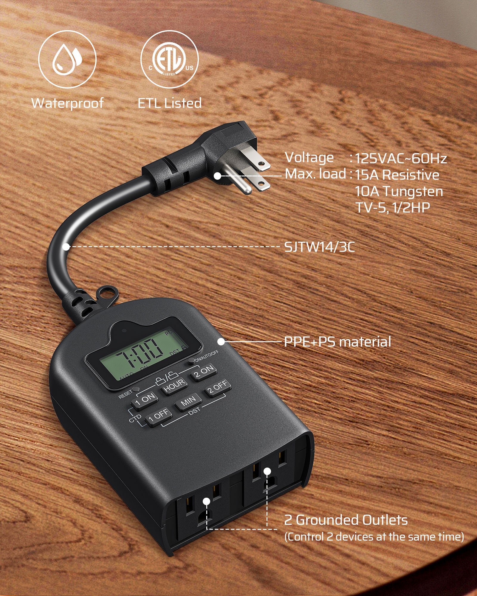DEWENWILS Outdoor Timer Outlet Waterproof, Outdoor Digital Timer for Lights, Programmable with 2 Grounded Outlets, for Home and Garden, 15A, 1/2HP, Heavy Duty-HODT12H