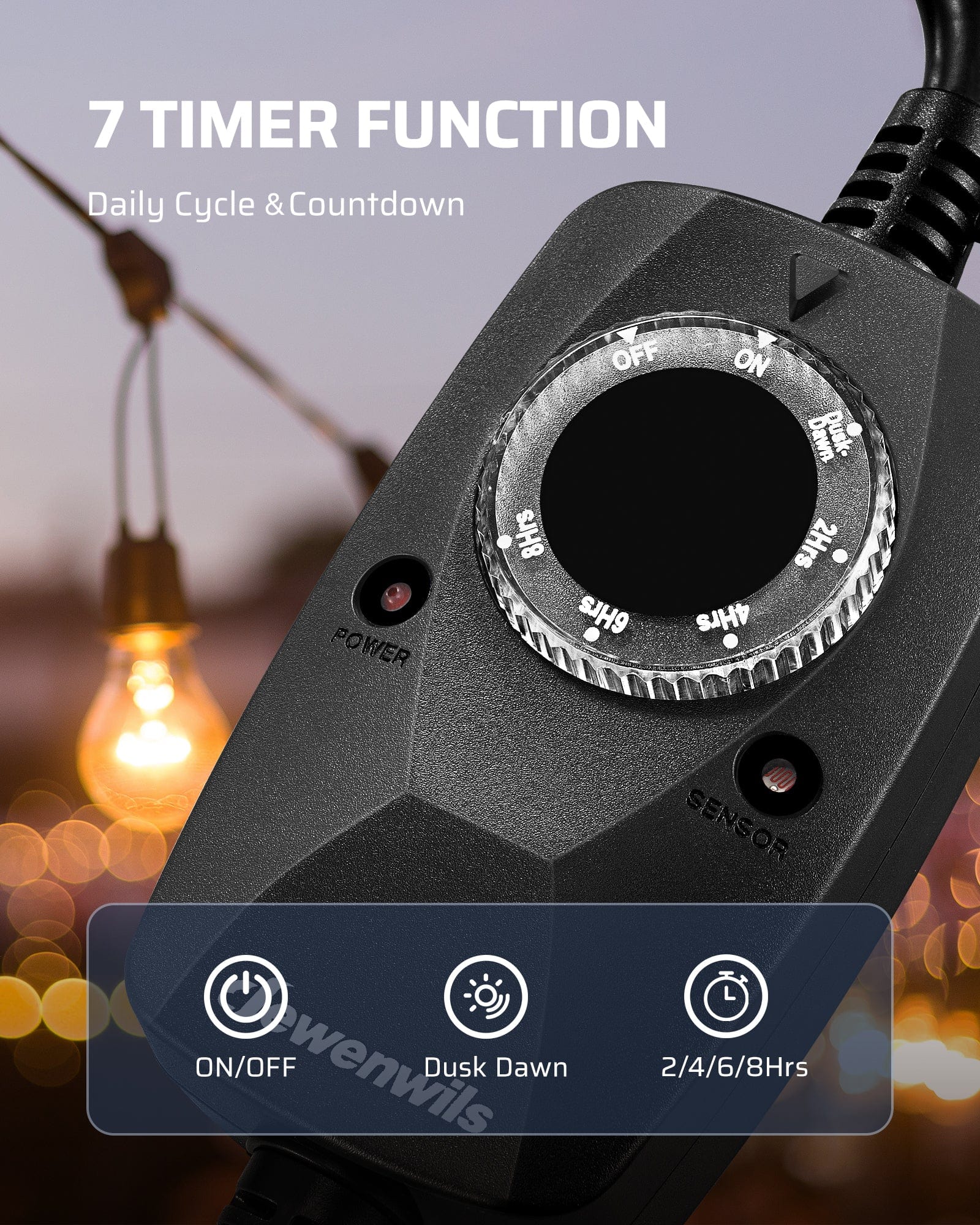 Outdoor Light Timer: Features 7 modes, including dusk-to-dawn, Always ON/OFF, and 2/4/6/8h countdowns. Reliable daily cycle for effortless automation.
