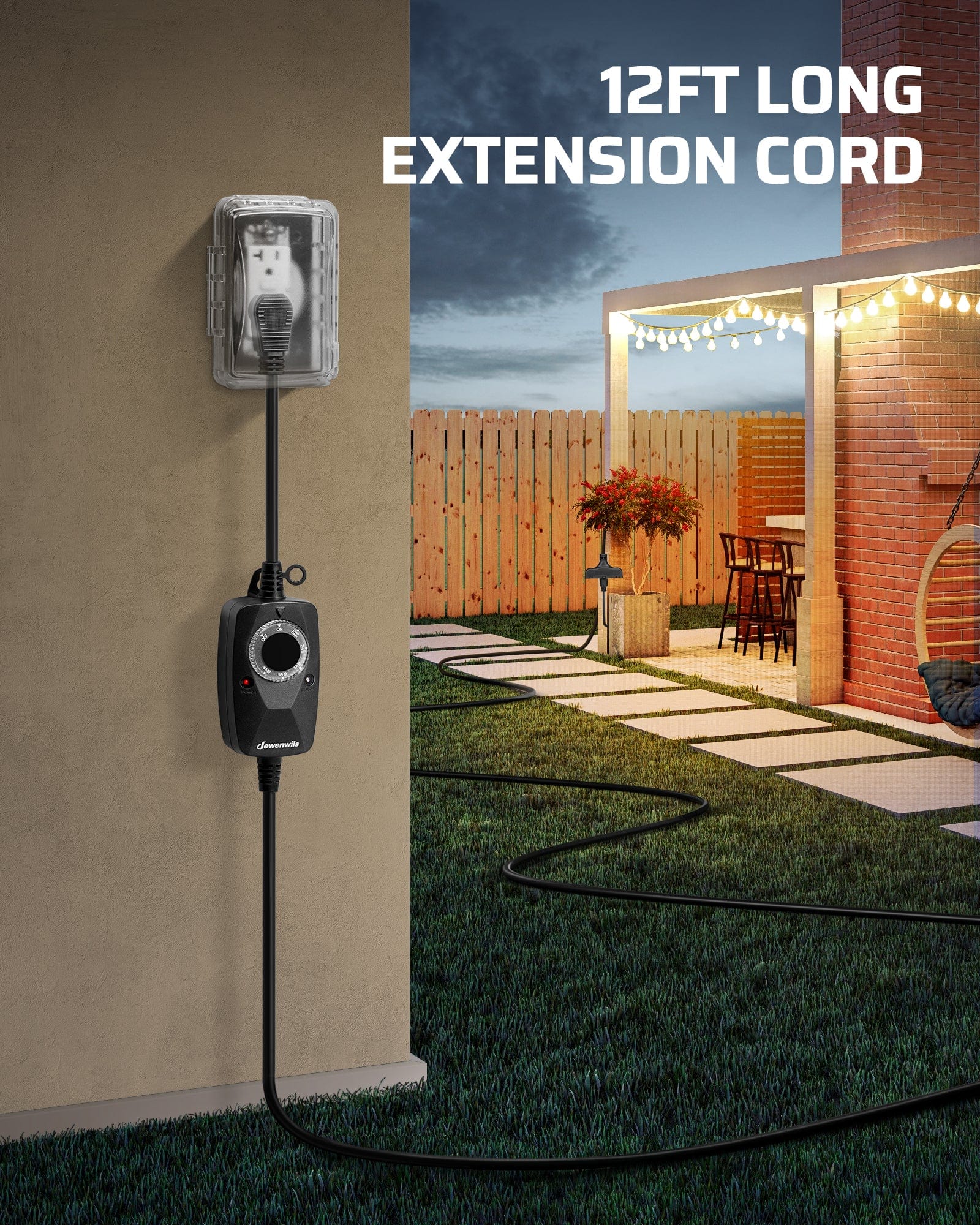 Outdoor Light Timer: Features a 12ft long extension cord for flexible placement. Perfect for reaching distant outlets while providing reliable power.