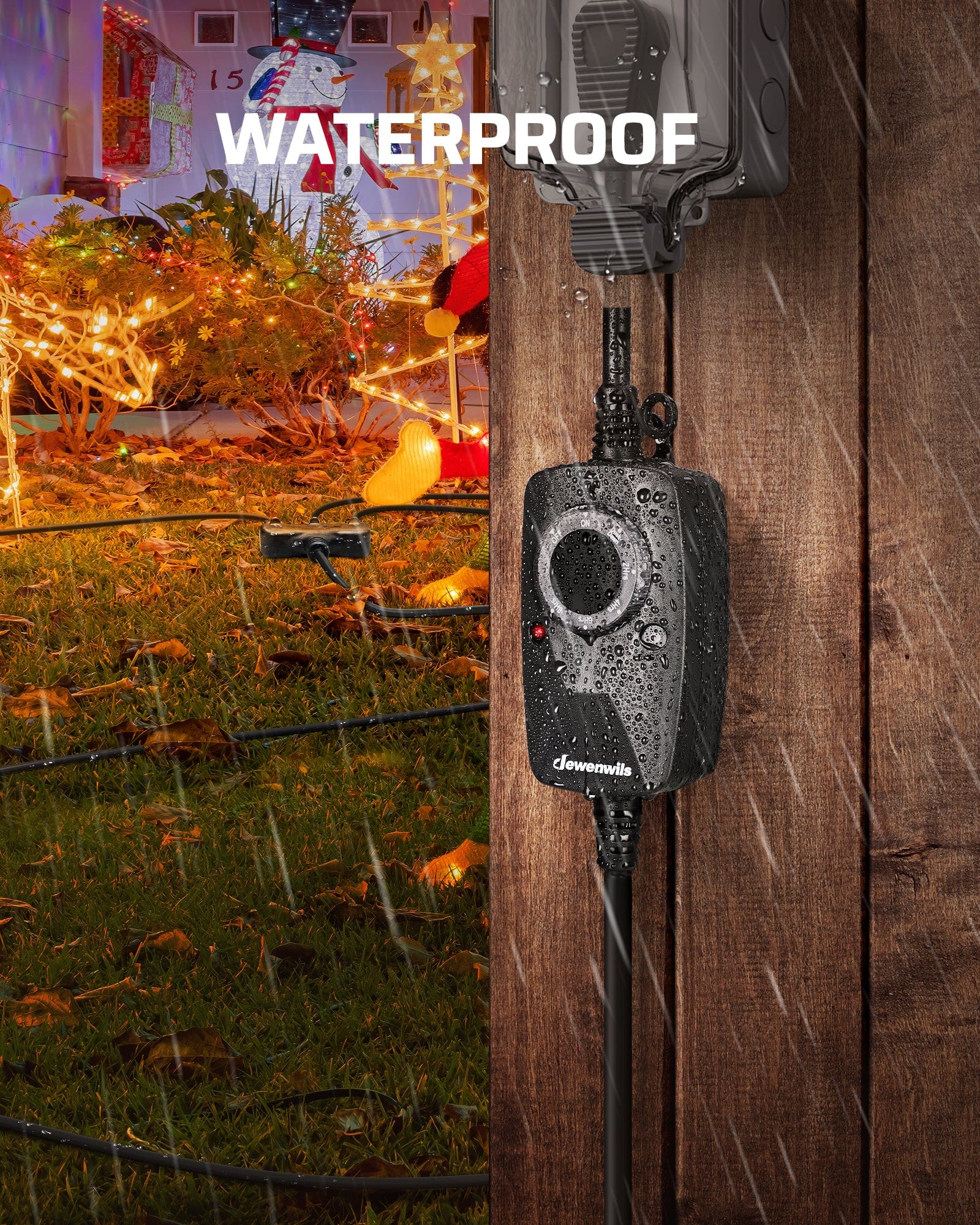 Outdoor Light Timer: Features a waterproof construction. Must be mounted vertically 2ft above ground with sockets facing down for safe outdoor use.
