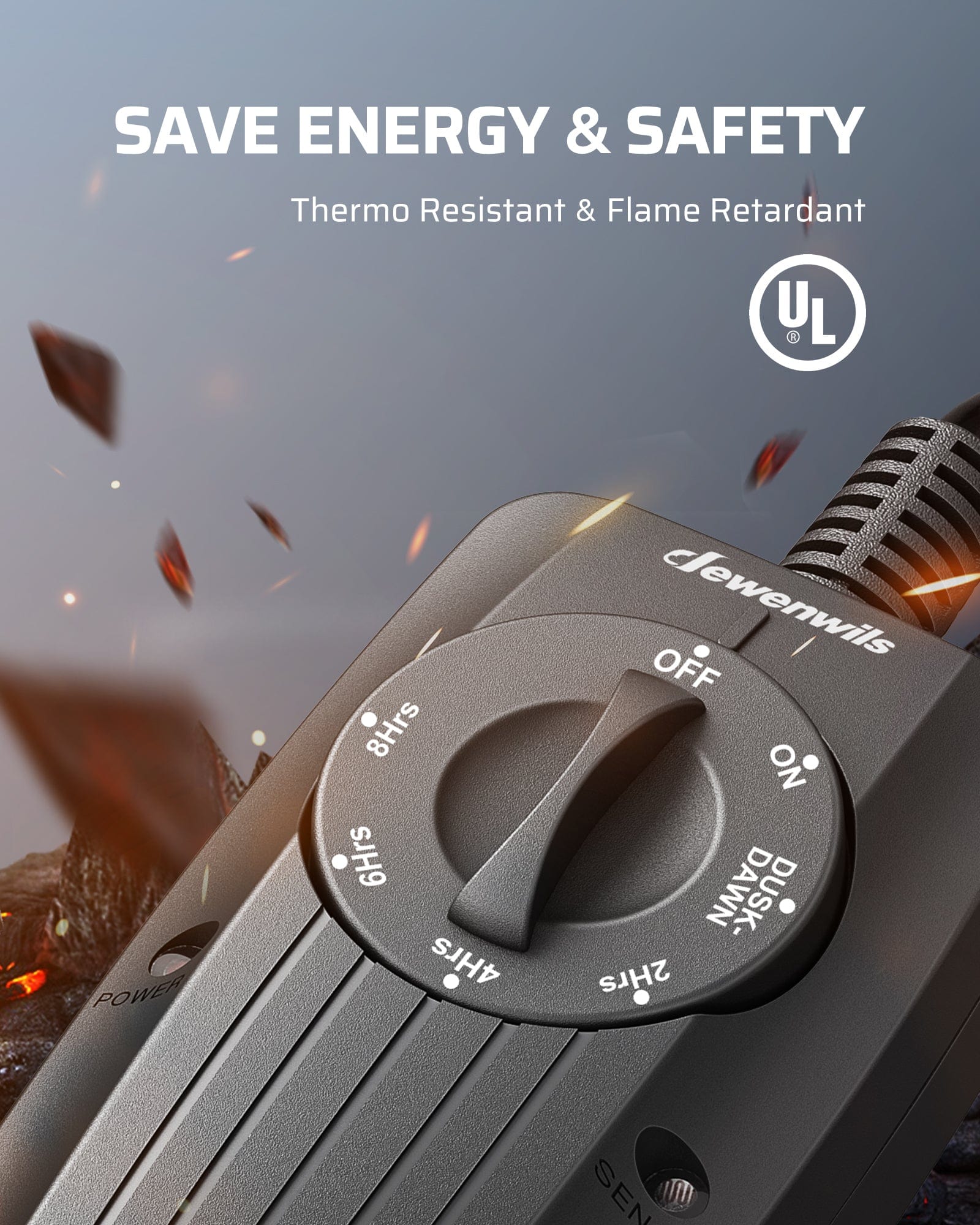 Mechanical Outdoor Light Timer: UL Listed and energy-efficient. Built with thermo-resistant, flame-retardant materials for maximum safety and outdoor durability.