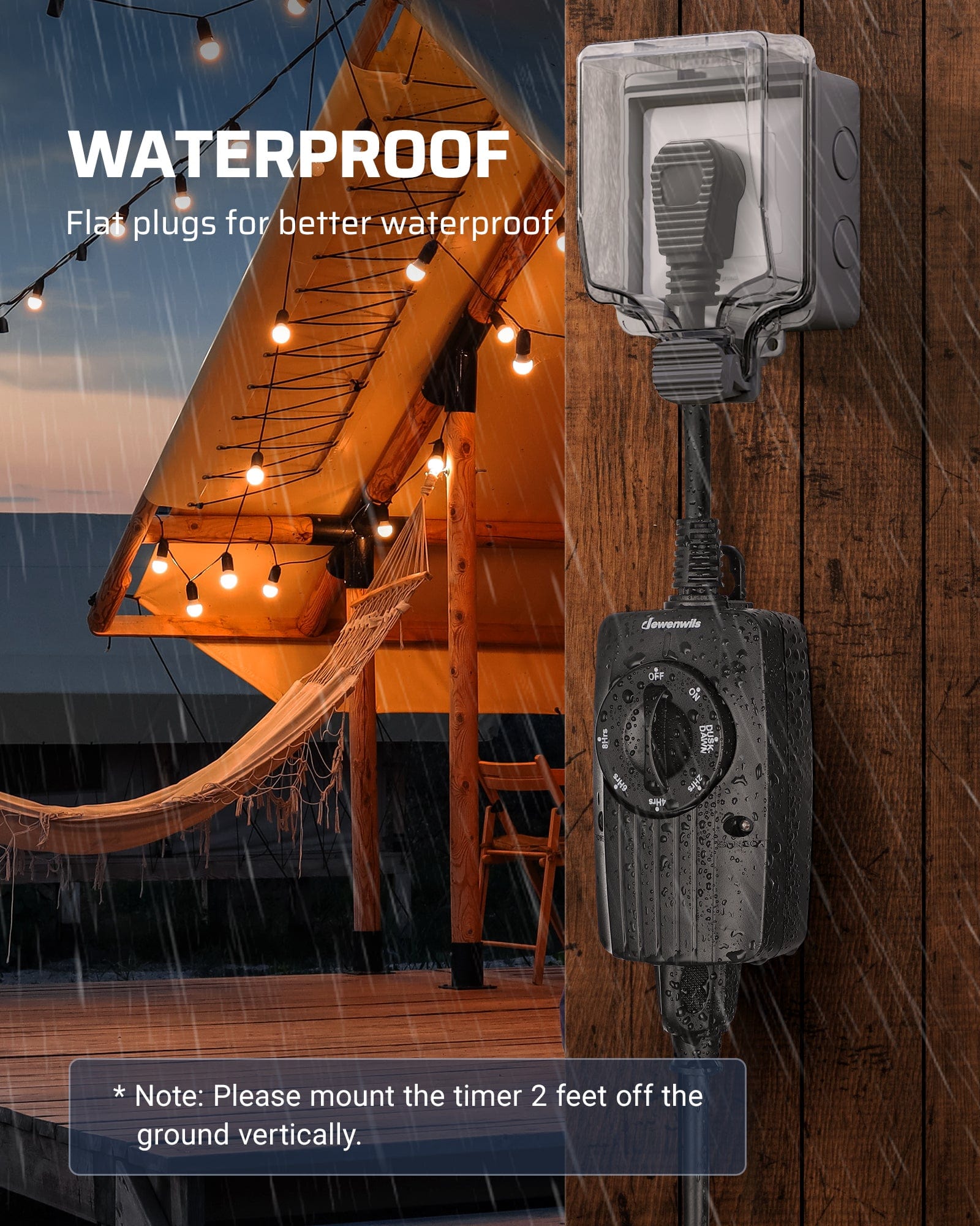 Mechanical Outdoor Light Timer: Features a waterproof design with flat plugs. Must be mounted vertically 2 feet above ground to ensure safety and prevent moisture.