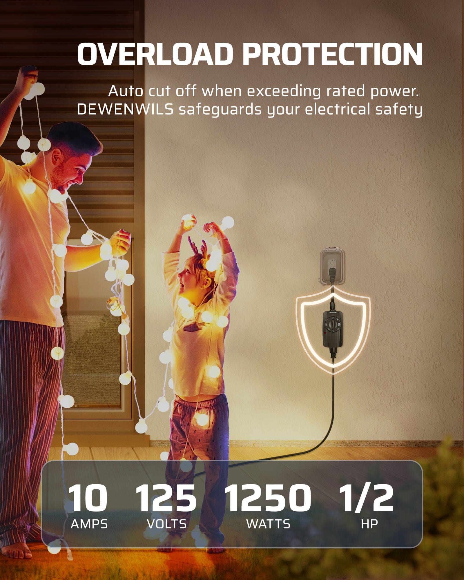 Mechanical Outdoor Light Timer: Features overload protection that auto-cuts power when exceeding 10A/1250W. Includes 1/2HP rating to safeguard electrical safety.