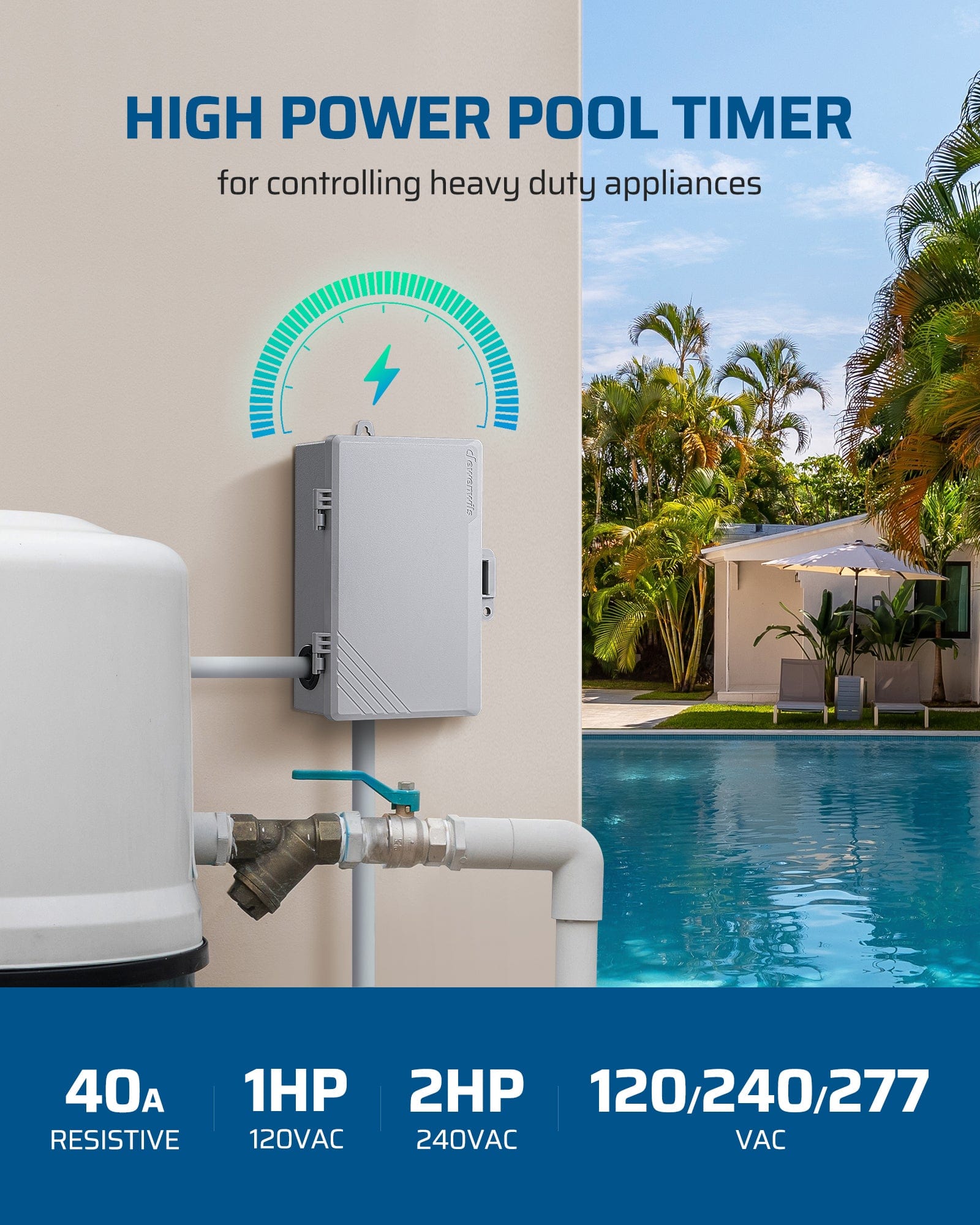DEWENWILS Mechanical Pool Pump Timer: High-power 40A resistive load, 120/240/277VAC support. Ideal for heavy-duty appliances with 1HP@120V and 2HP@240V.