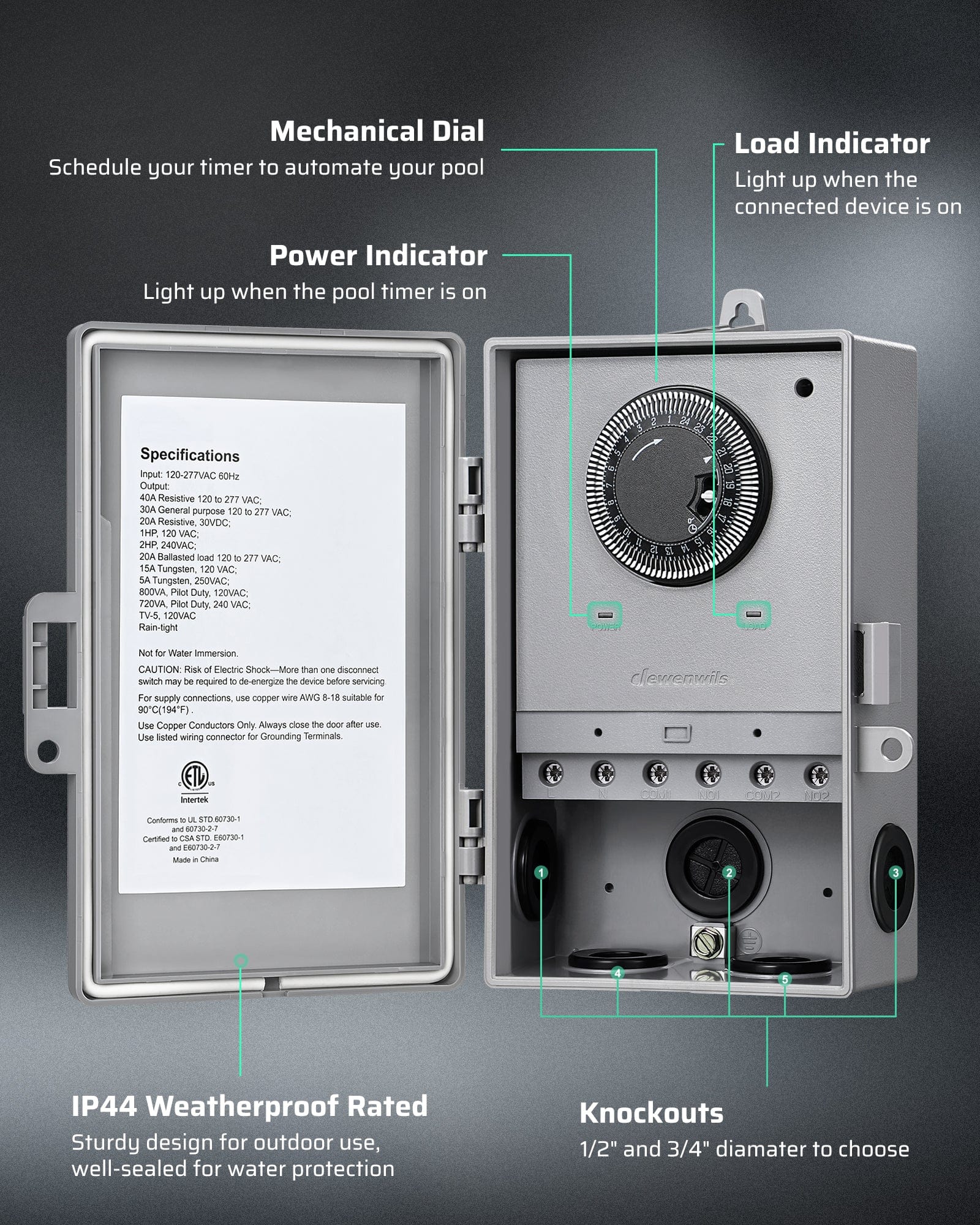 DEWENWILS Mechanical Pool Pump Timer Internal Function Buttons Diagram