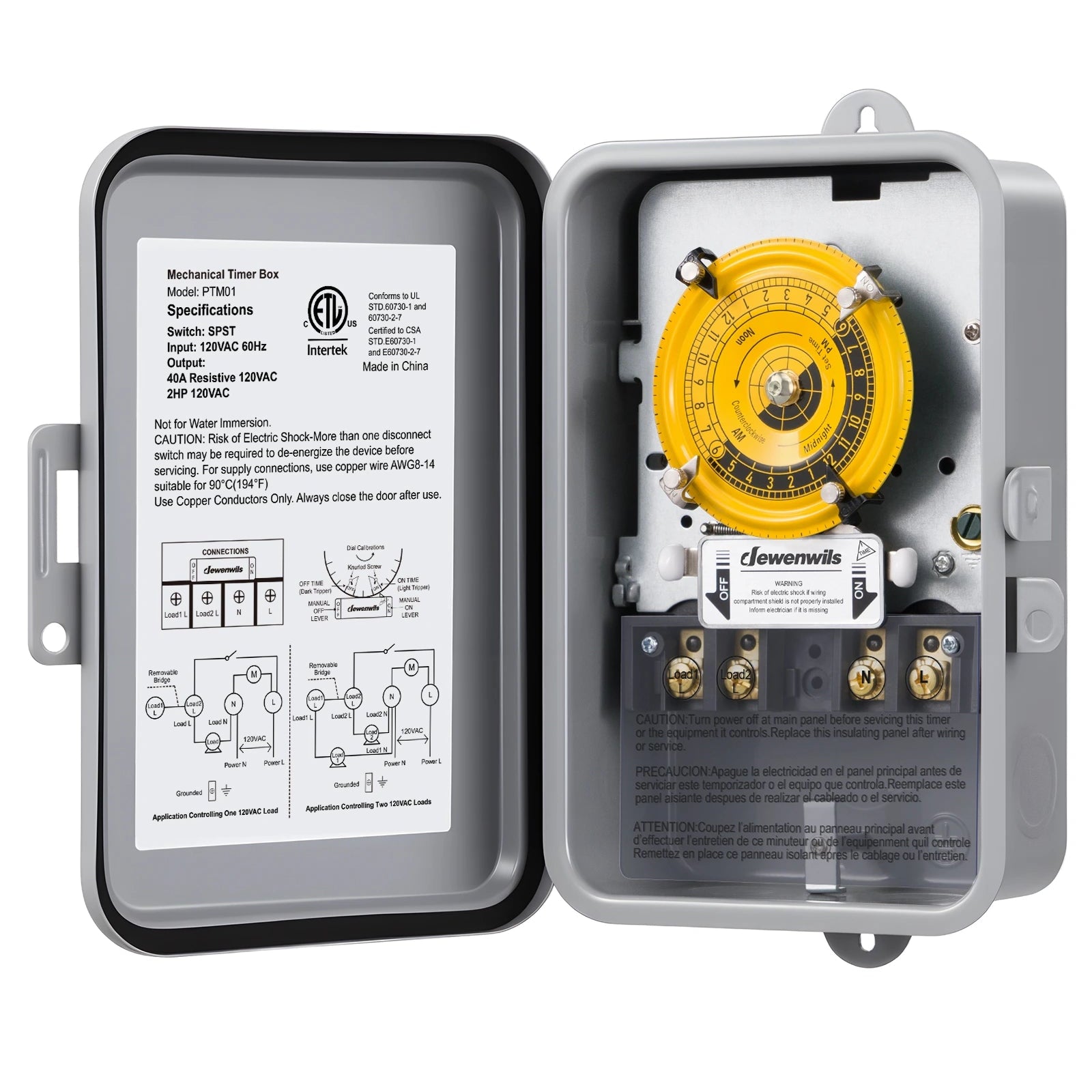 DEWENWILS 24-Hour Mechanical Timer Switch - 120VAC SPST, 2HP 40A, Metal Enclosure, Heavy Duty, Manual Override, Ideal for Pool Pump, Water Heater, Lights and Fans, Weatherproof, ETL Listed, Gray - SHOMT01C
