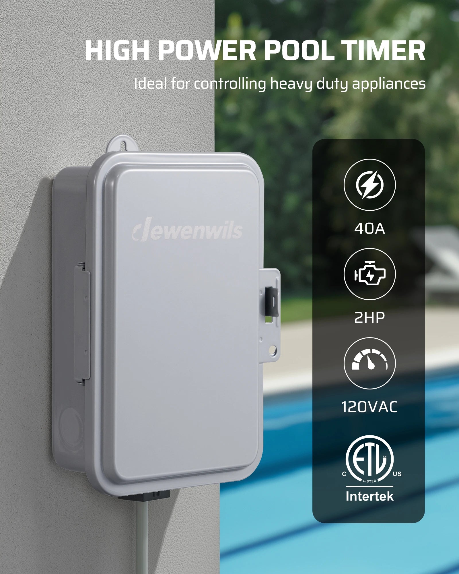 DEWENWILS 24-Hour Mechanical Timer Switch - 120VAC SPST, 2HP 40A, Metal Enclosure, Heavy Duty, Manual Override, Ideal for Pool Pump, Water Heater, Lights and Fans, Weatherproof, ETL Listed, Gray - SHOMT01C