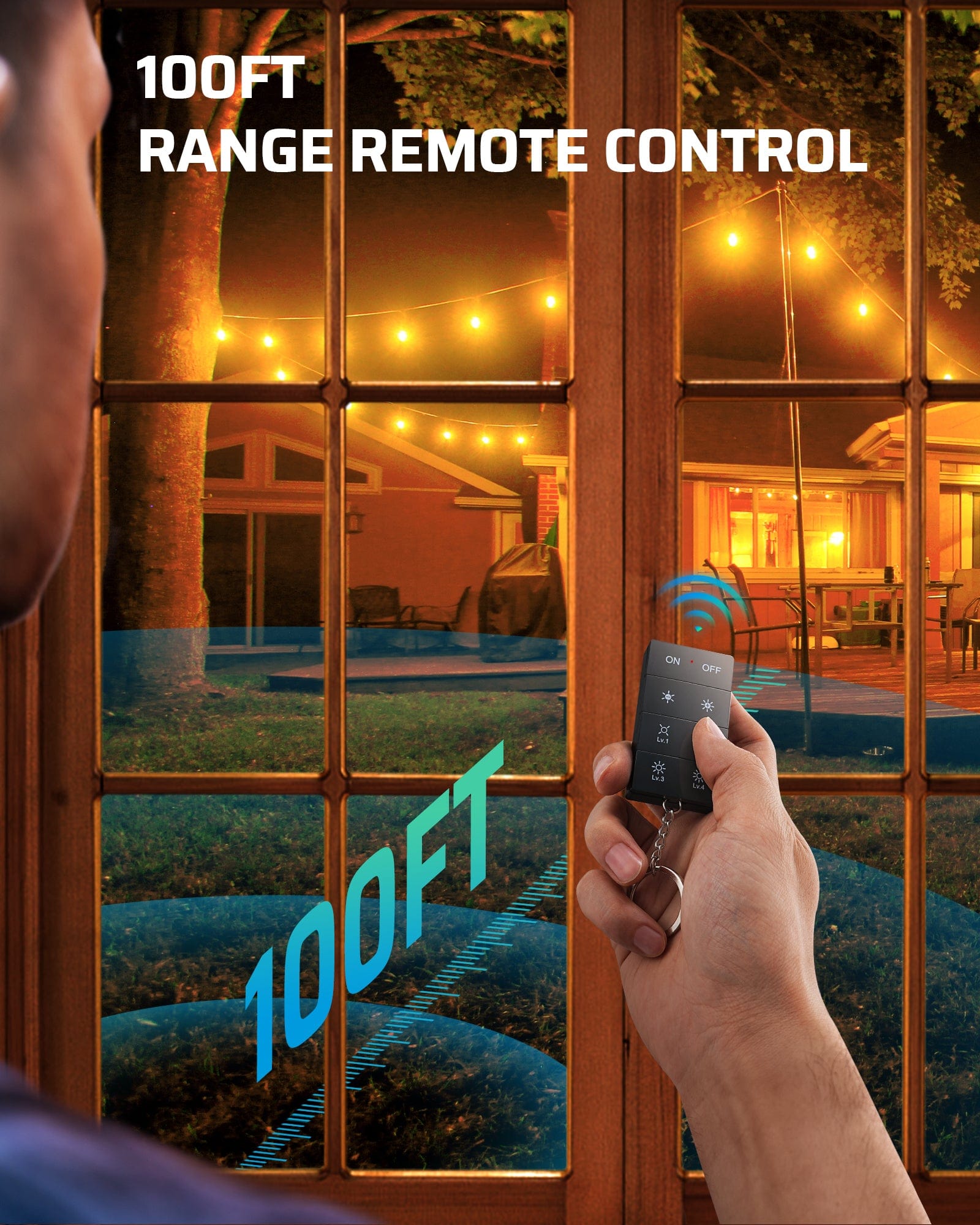 Outdoor dimmer: Features a 100ft remote control range, allowing for power and brightness adjustments from across the yard or within the home