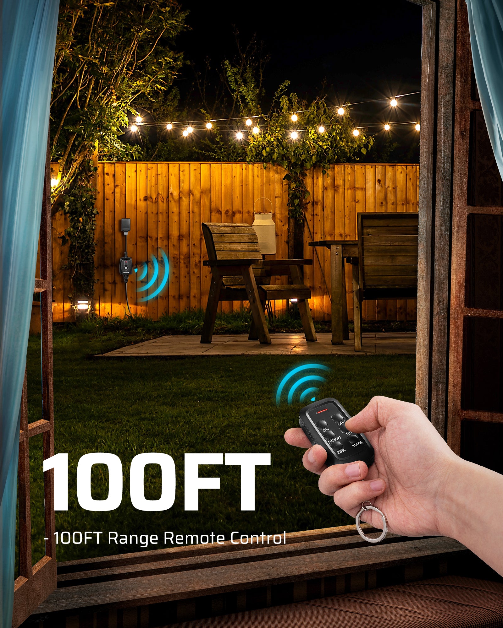 Outdoor dimmer: Features a 100ft remote control range that allows you to adjust brightness levels through walls and doors from inside your home.