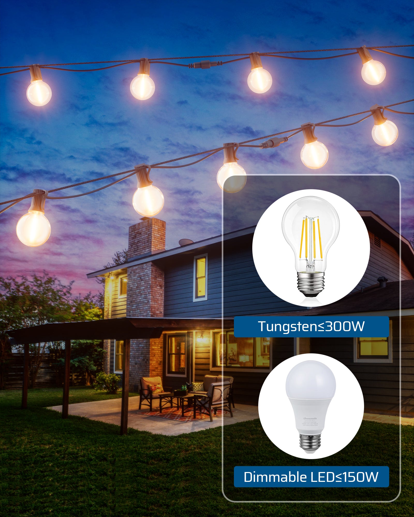 Outdoor dimmer: Features a maximum power capacity of 300W for tungsten bulbs and 150W for dimmable LED lights to ensure safe and efficient energy management.