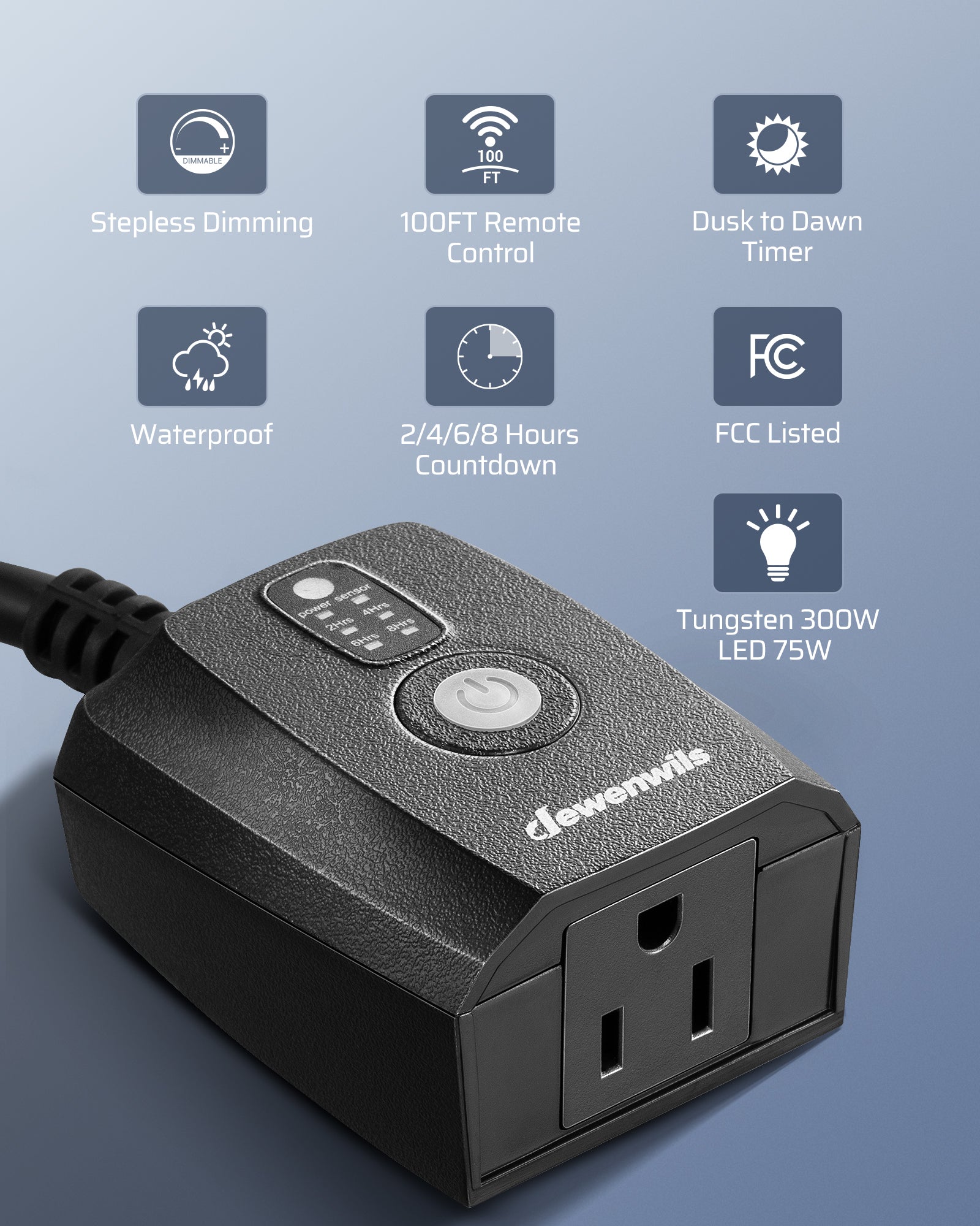 Outdoor dimmer: Features an FCC-listed waterproof design with 100ft remote range, stepless dimming, and dusk-to-dawn sensors including 2/4/6/8-hour countdown timers; supports up to 300W tungsten or 75W LED loads.