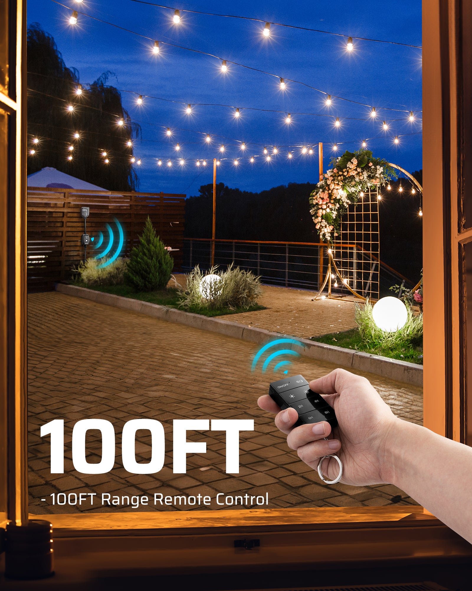 Outdoor dimmer: Features a 100ft remote control range for reliable brightness adjustments from a distance.