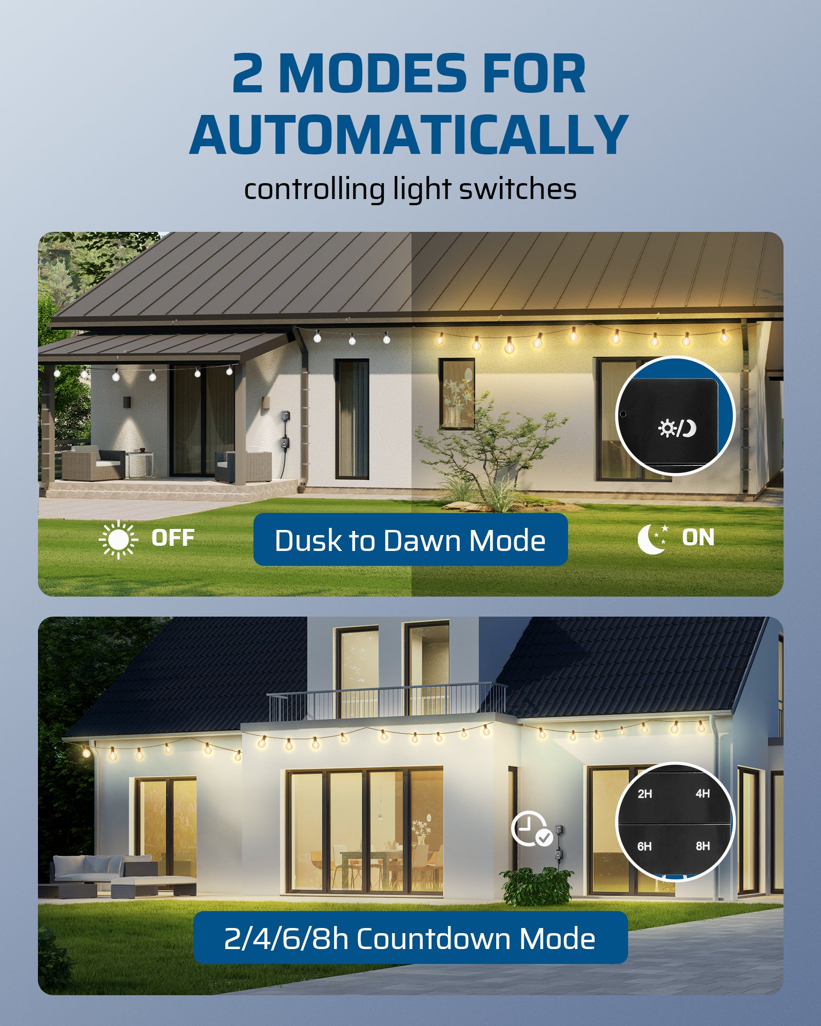 Outdoor dimmer: Features two automatic modes for intelligent light switch control, allowing for seamless hands-free operation.