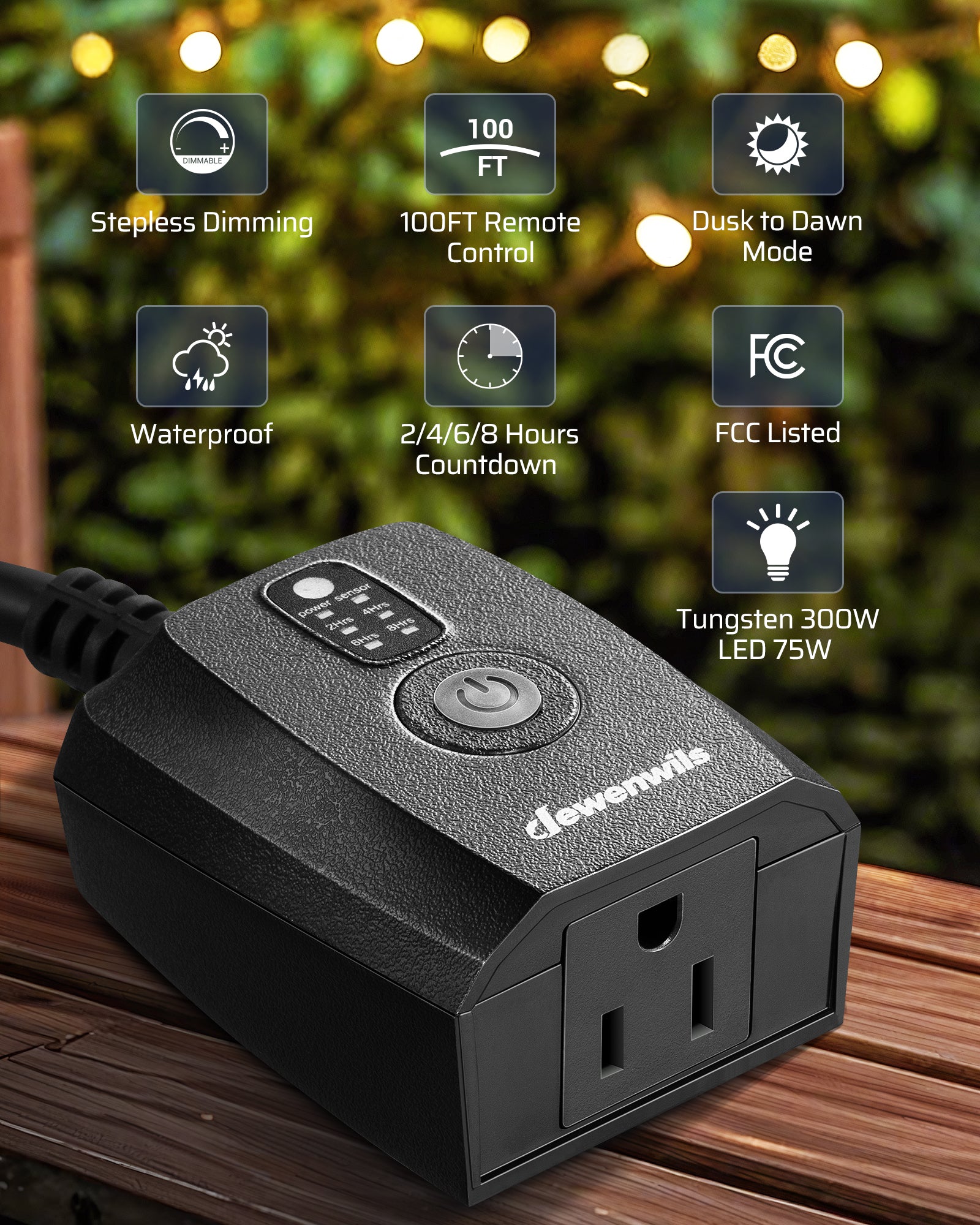 Outdoor dimmer: Features an FCC-listed waterproof design with a 100ft remote, dusk-to-dawn mode, stepless dimming, and 2/4/6/8-hour timers for 300W tungsten or 75W LED bulbs.