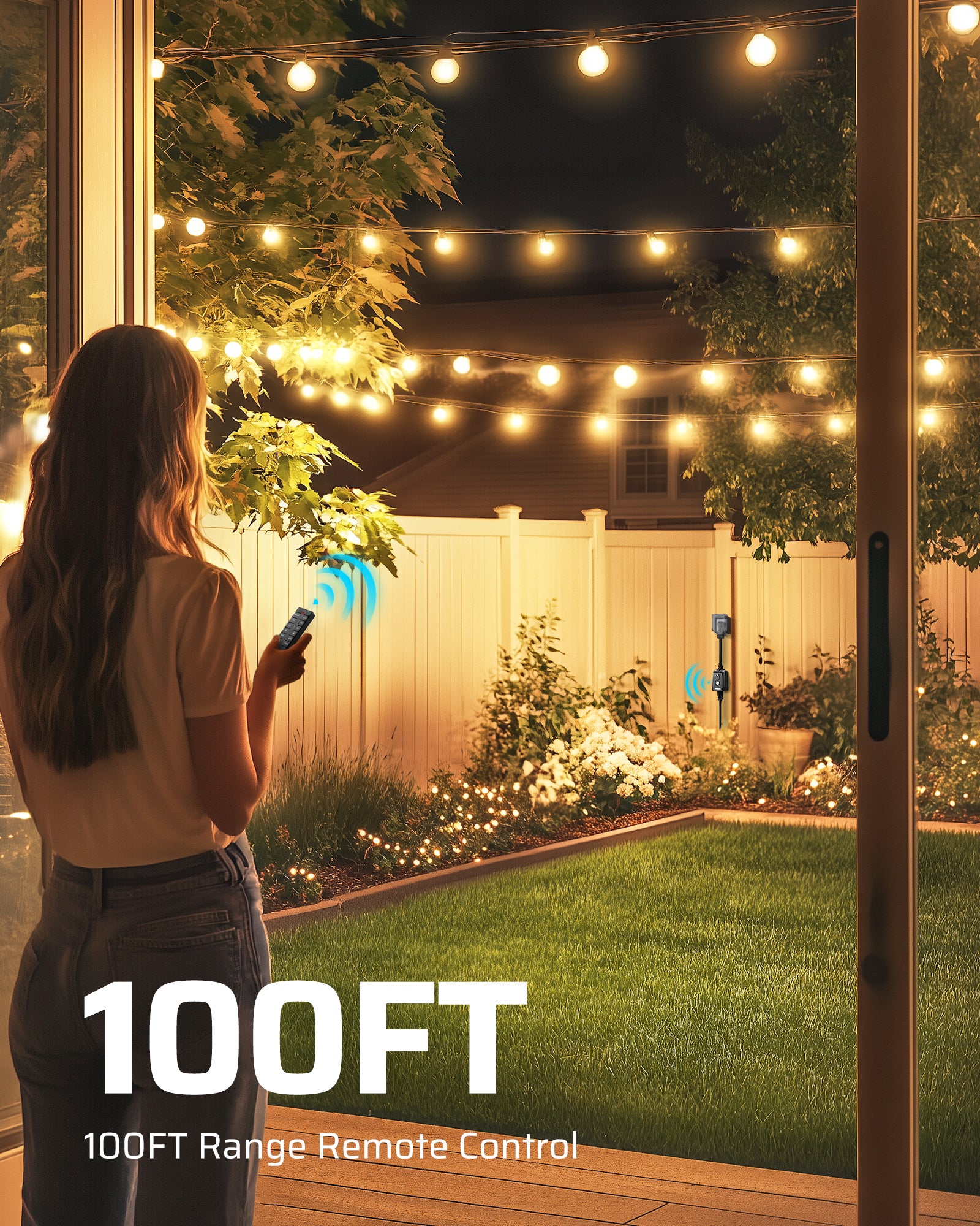 Outdoor dimmer: Features a 100ft remote control range, allowing for effortless power and brightness adjustments from a distance or within your home.
