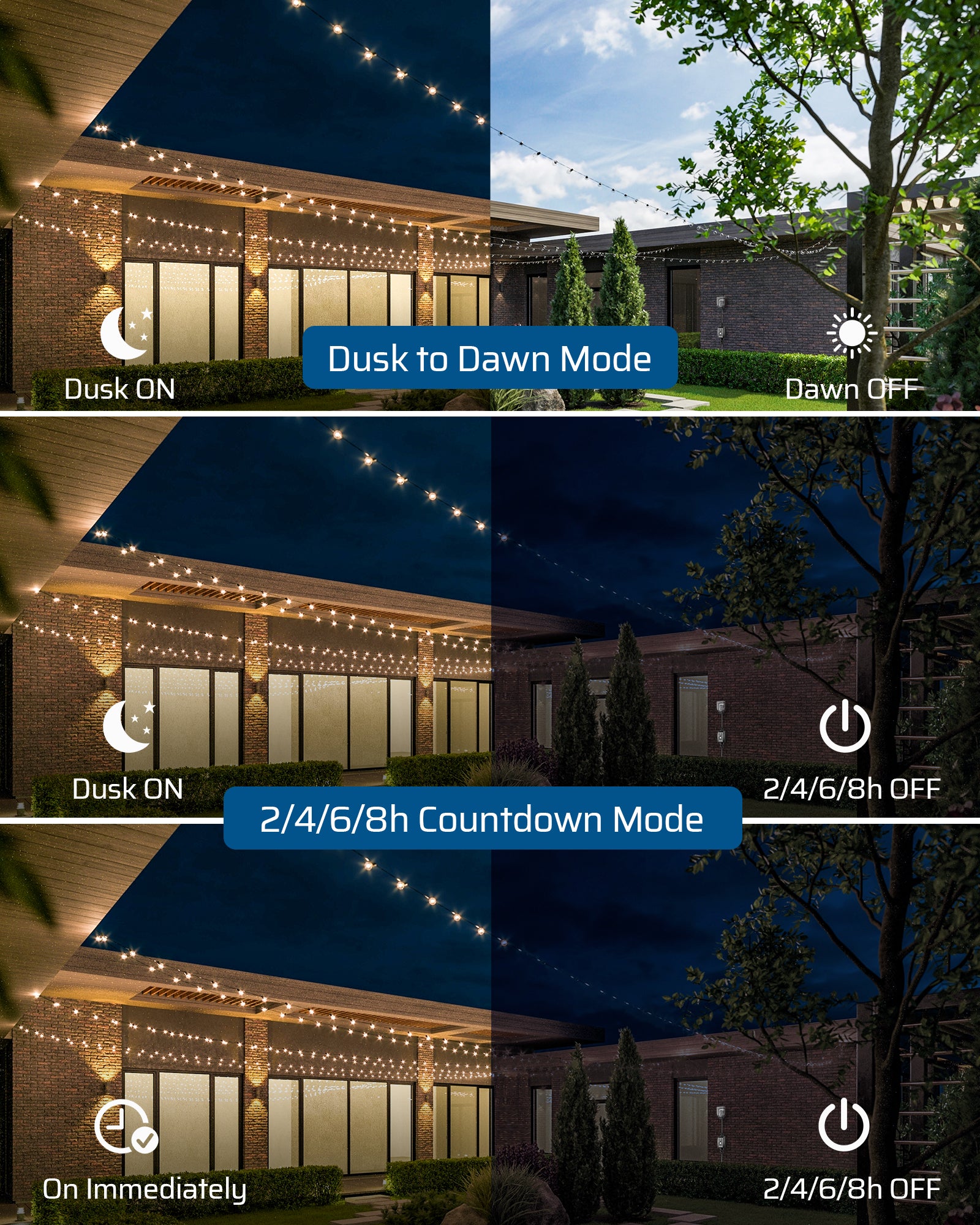 Outdoor dimmer: Features a dusk-to-dawn mode for automatic light adjustment and 2/4/6/8-hour countdown timers for customized, energy-efficient operation.
