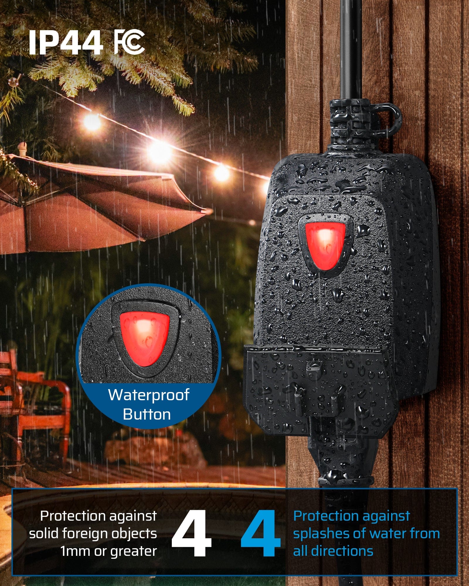 Outdoor dimmer: Features an IP44-rated enclosure providing protection against solid objects over 1mm and water splashes from all directions for reliable outdoor use.