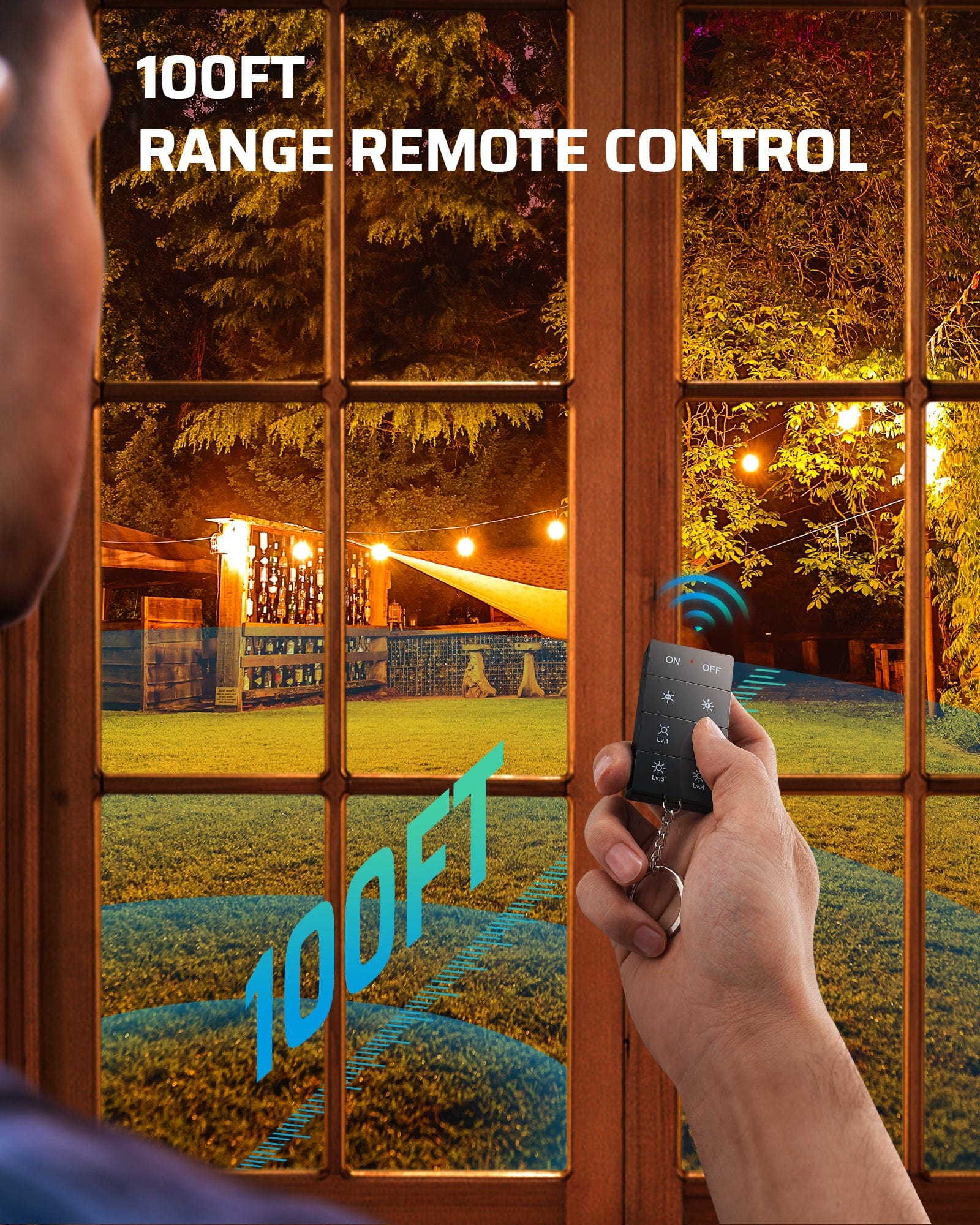Outdoor dimmer: Features a 100ft remote control range, providing seamless power and brightness adjustments from across your yard or inside your home.
