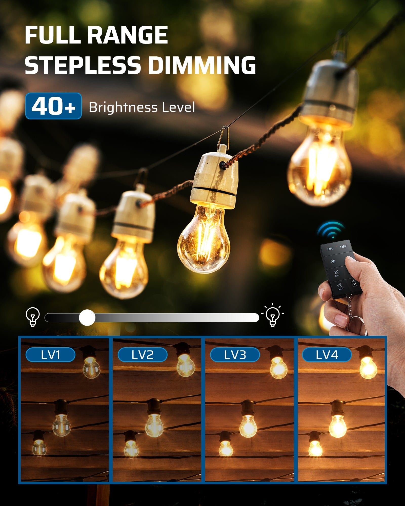 Outdoor dimmer: Features full-range stepless dimming with over 40 brightness levels, allowing for precise atmosphere control and smooth lighting transitions.