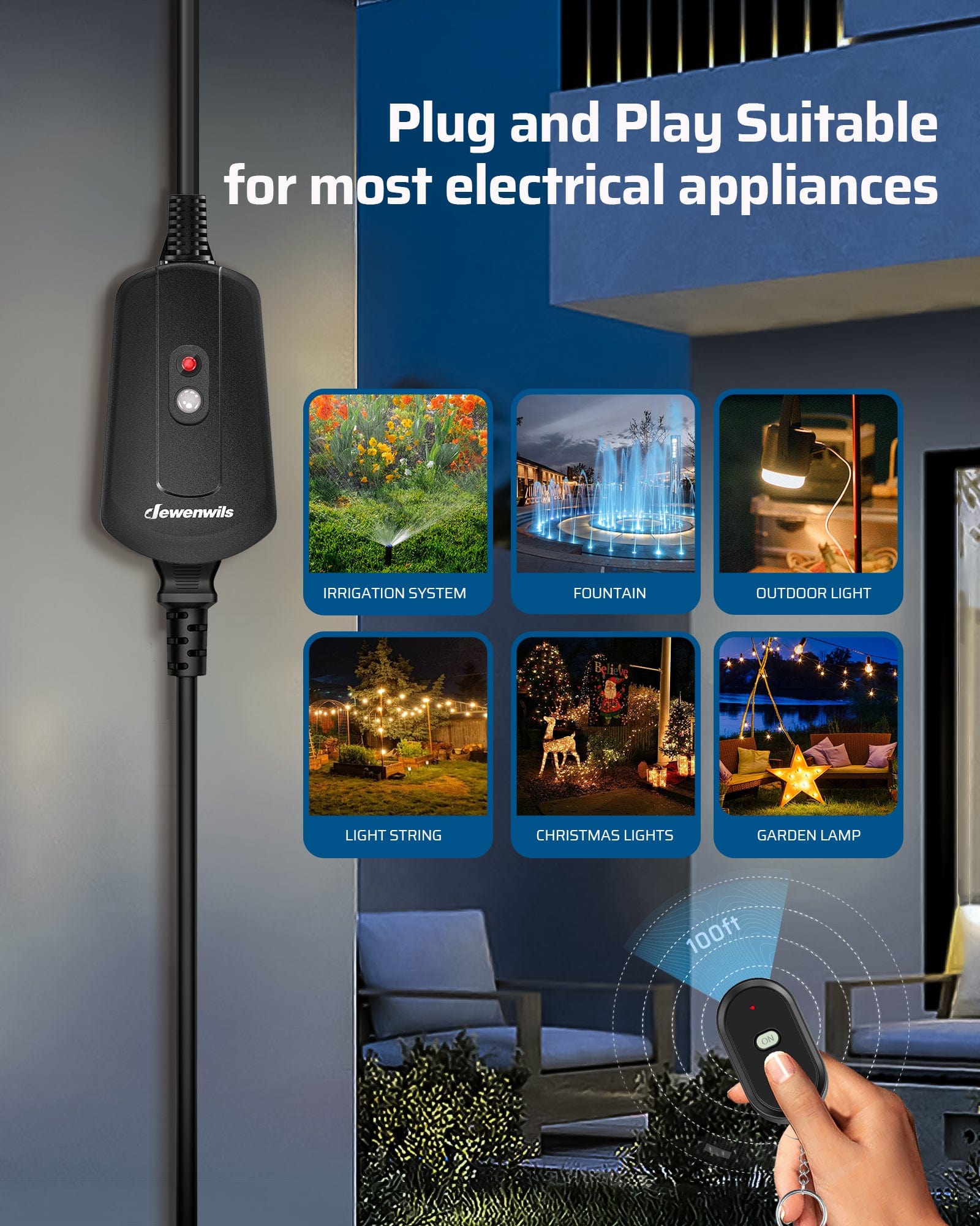 DEWENWILS Waterproof 100ft Wireless Remote Control Outlet with 2ft Extension Cord--SHORS11B