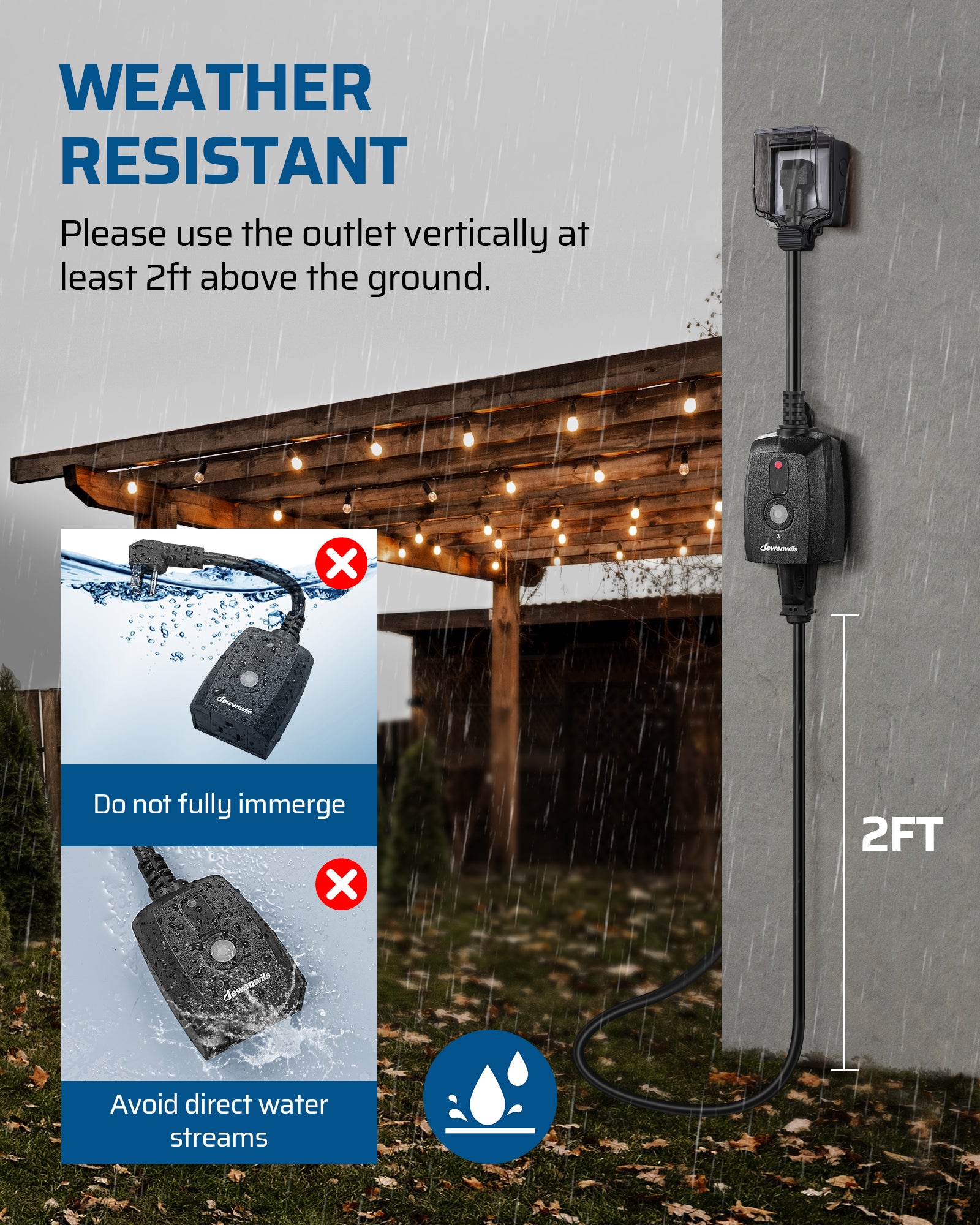 DEWENWILS Outdoor Remote Control Outlet, 125V 15A Wireless Remote Control Switch, 1 Remote 1 Outlet with SJTW Power Cord 100FT Control Range, Weatherproof-HORS11S