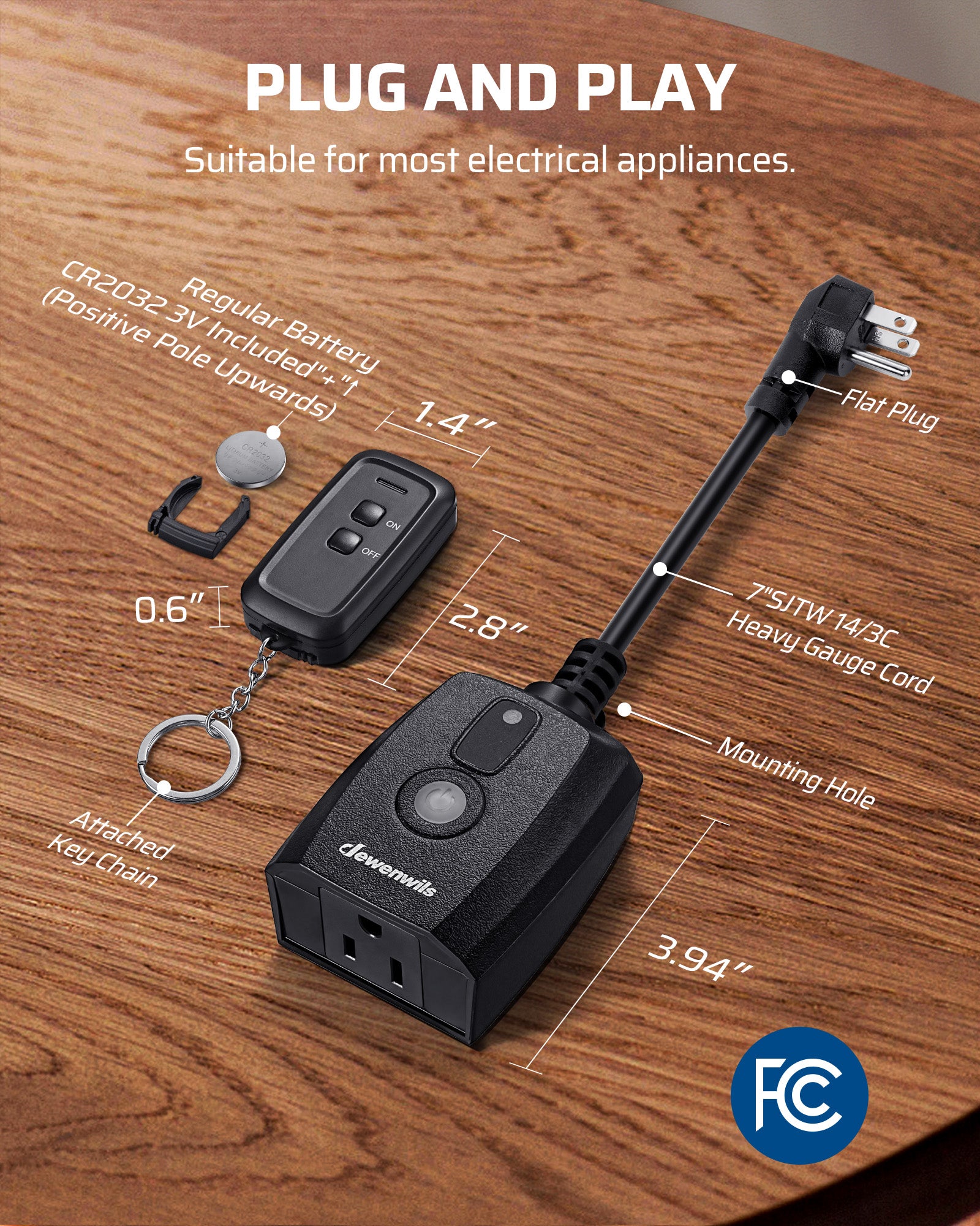 DEWENWILS Outdoor Remote Control Outlet, 125V 15A Wireless Remote Control Switch, 1 Remote 1 Outlet with SJTW Power Cord 100FT Control Range, Weatherproof-HORS11S