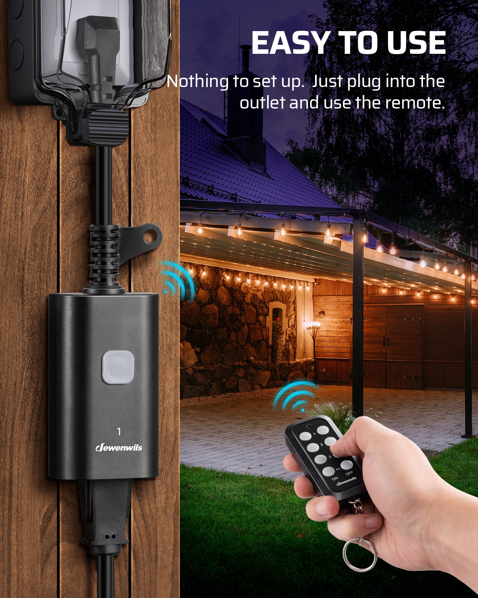 Outdoor Remote Control Outlet: Easy plug-and-play design with no setup required—just plug in and use the remote for instant wireless control