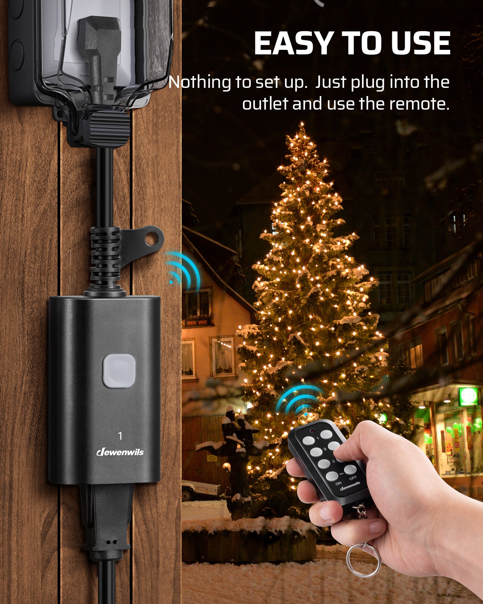 DEWENWILS Outdoor Remote Control Outlet, 15A Wireless Remote Control Switch, 100FT Control Range & 14AWG SJTW Power Cord, Weatherproof for Outdoor Appliances, 1 Remote Control+3 Outlets-HORS13M