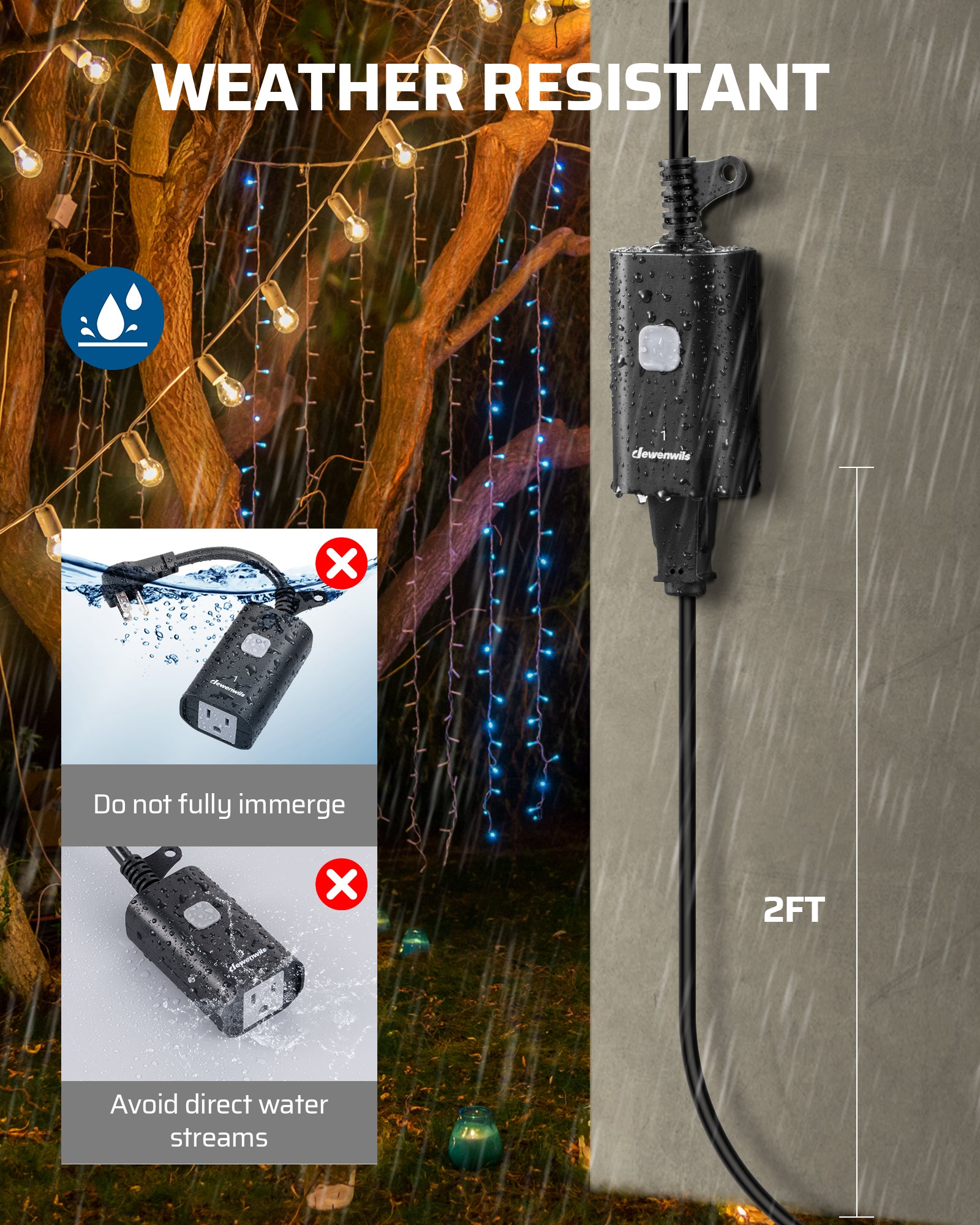 Outdoor Remote Control Outlet: Weather-resistant design—do not fully immerse in water and avoid direct water streams for safe outdoor operation