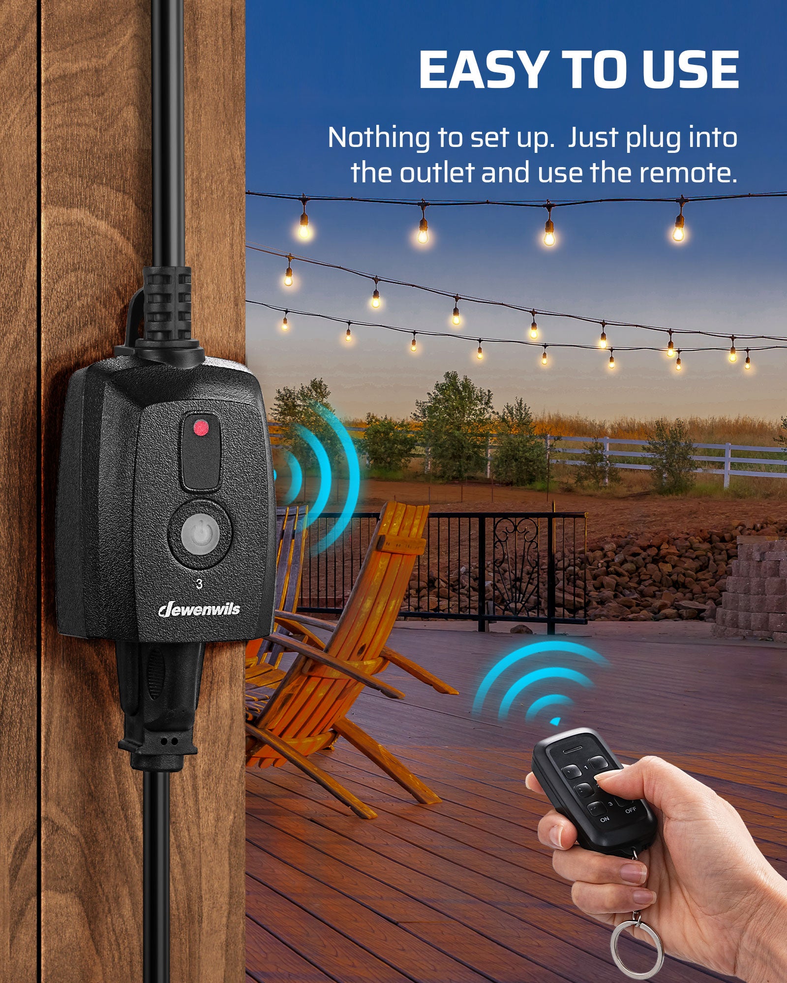 Outdoor Remote Control Outlet: Easy plug-and-play operation with no setup required—just plug into the outlet and use the remote instantly