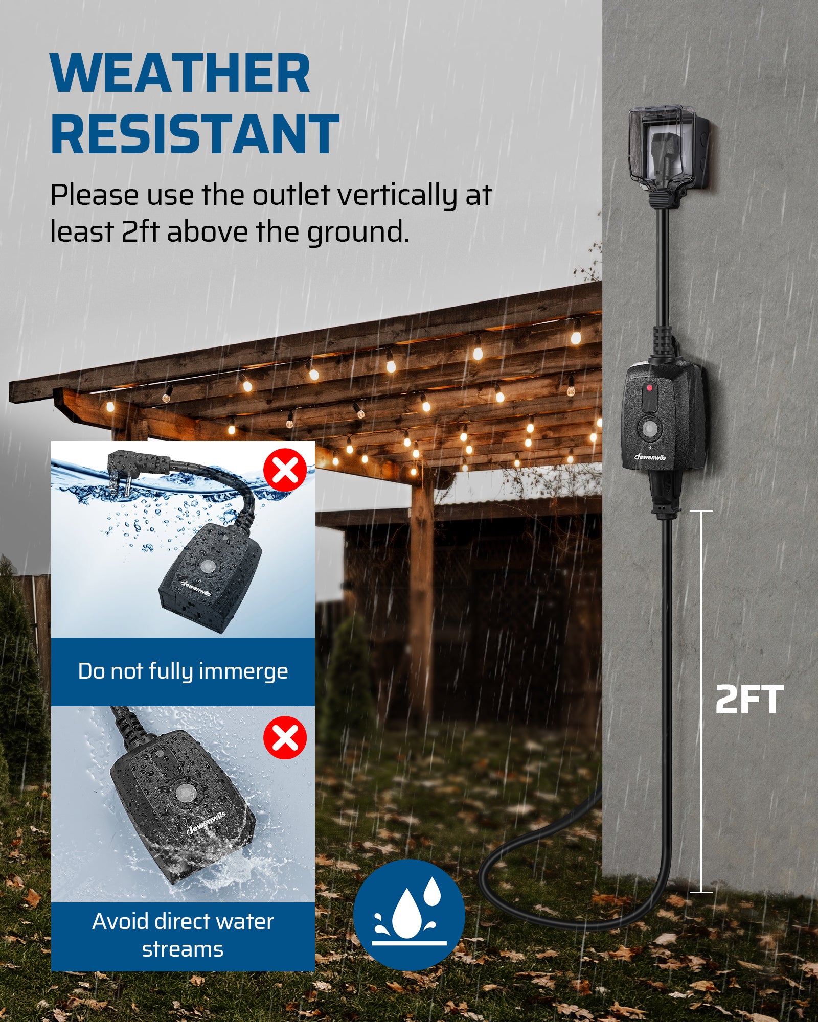Outdoor Remote Control Outlet: Weather-resistant design requiring vertical installation at least 2ft above ground level for safe and reliable outdoor use