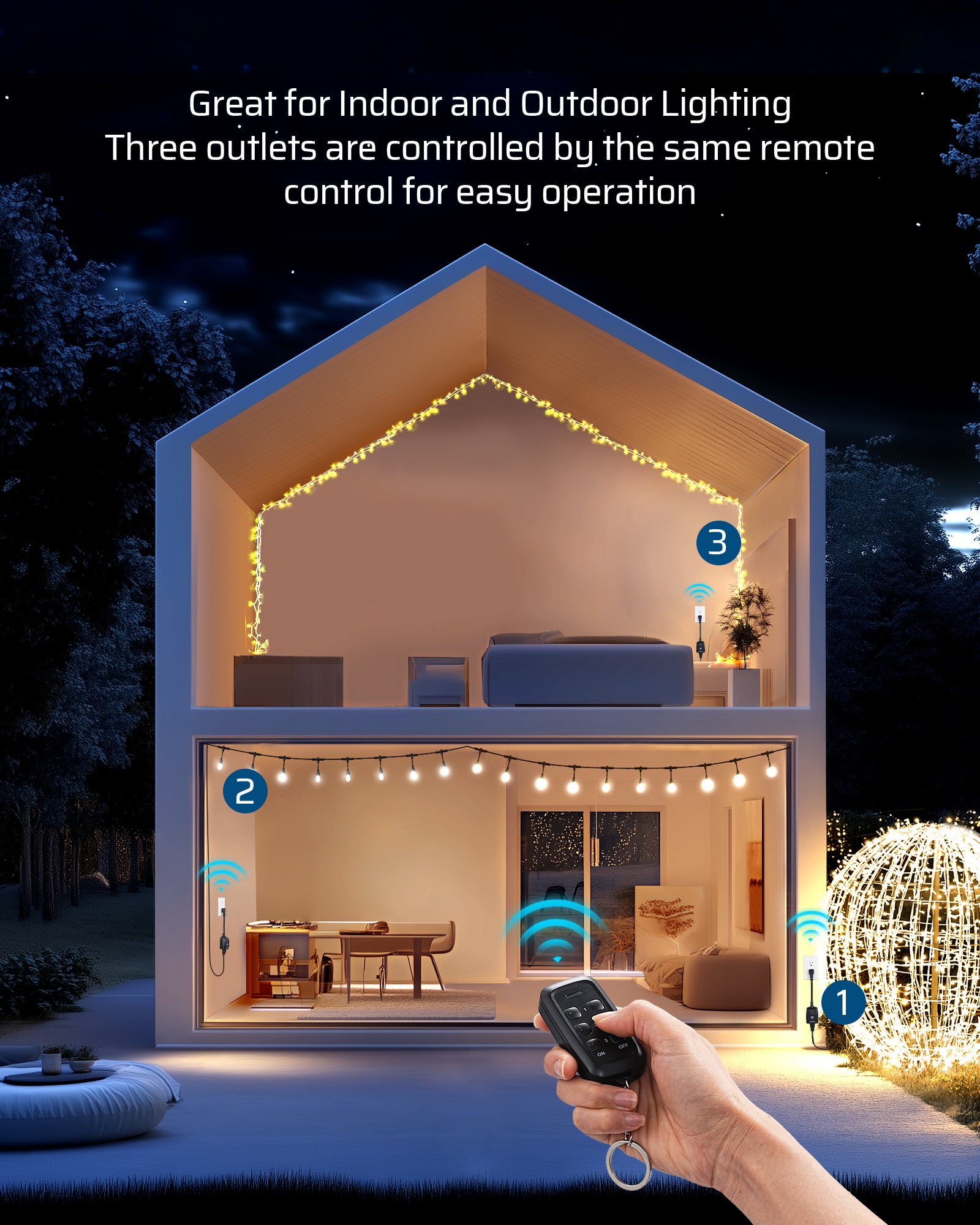 Outdoor Remote Control Outlet: Ideal for indoor and outdoor lighting, with 3 outlets controlled by the same remote for simple and convenient operation