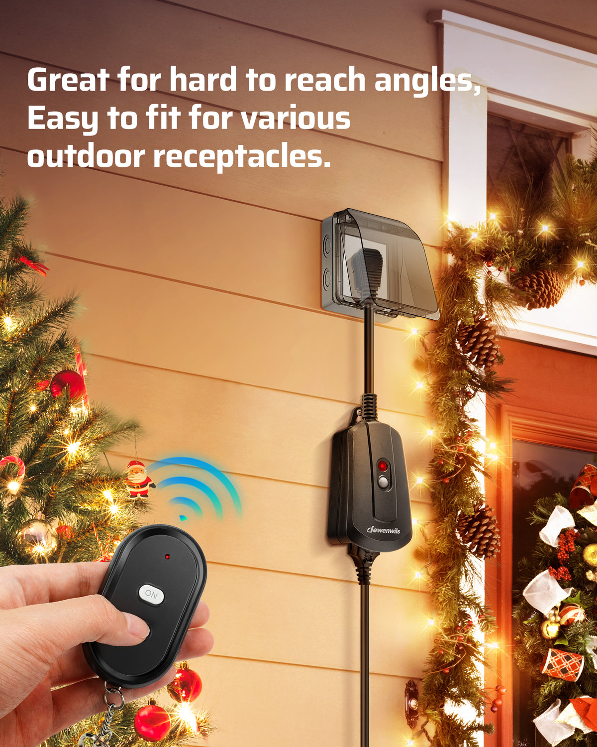 Outdoor Remote Control Outlet: Designed for hard-to-reach angles and easy installation, fitting a wide range of outdoor receptacles for flexible use