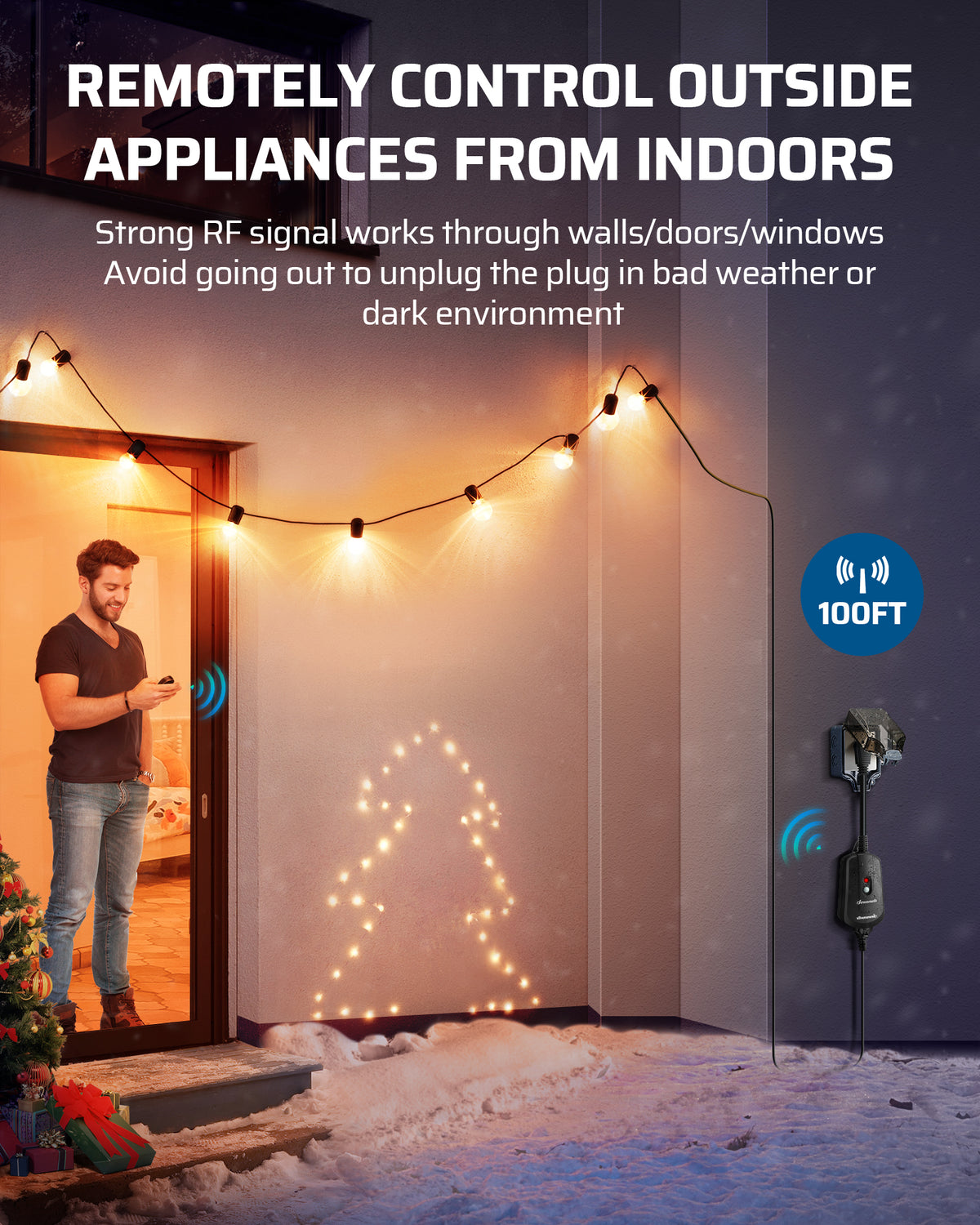Outdoor Remote Control Outlet: Strong RF signal allows remote control of outdoor appliances from indoors through walls, doors, and windows for convenient use in any weather or lighting condition