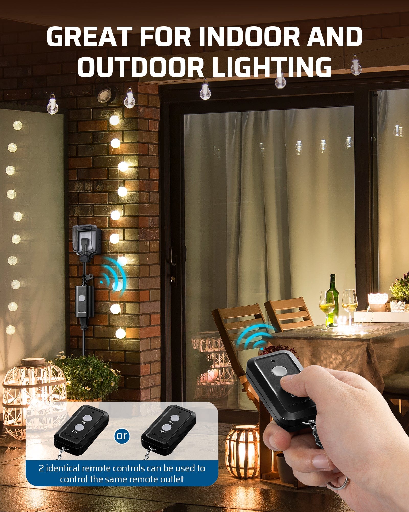 Outdoor Remote Control Outlet: Ideal for indoor and outdoor lighting, with 2 identical remote controls that can operate the same outlet for added convenience and flexible access
