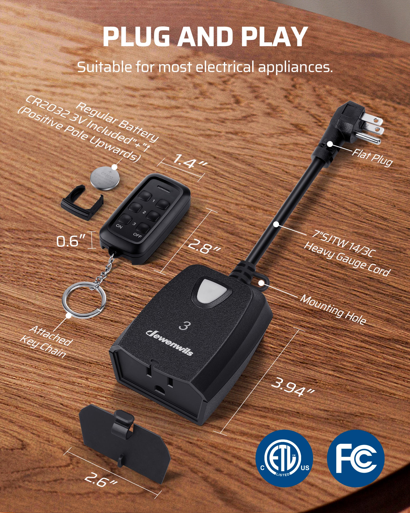 DEWENWILS Outdoor Indoor Wireless Remote Control Outlet with 2 Remotes, 3-Prong Remote Plug Weatherproof, 15A Heavy Duty, 7-inch Cord, 100FT Range, Electrical Plug for Lamp/Lights/Fans, ETL Listed-SHORS23H