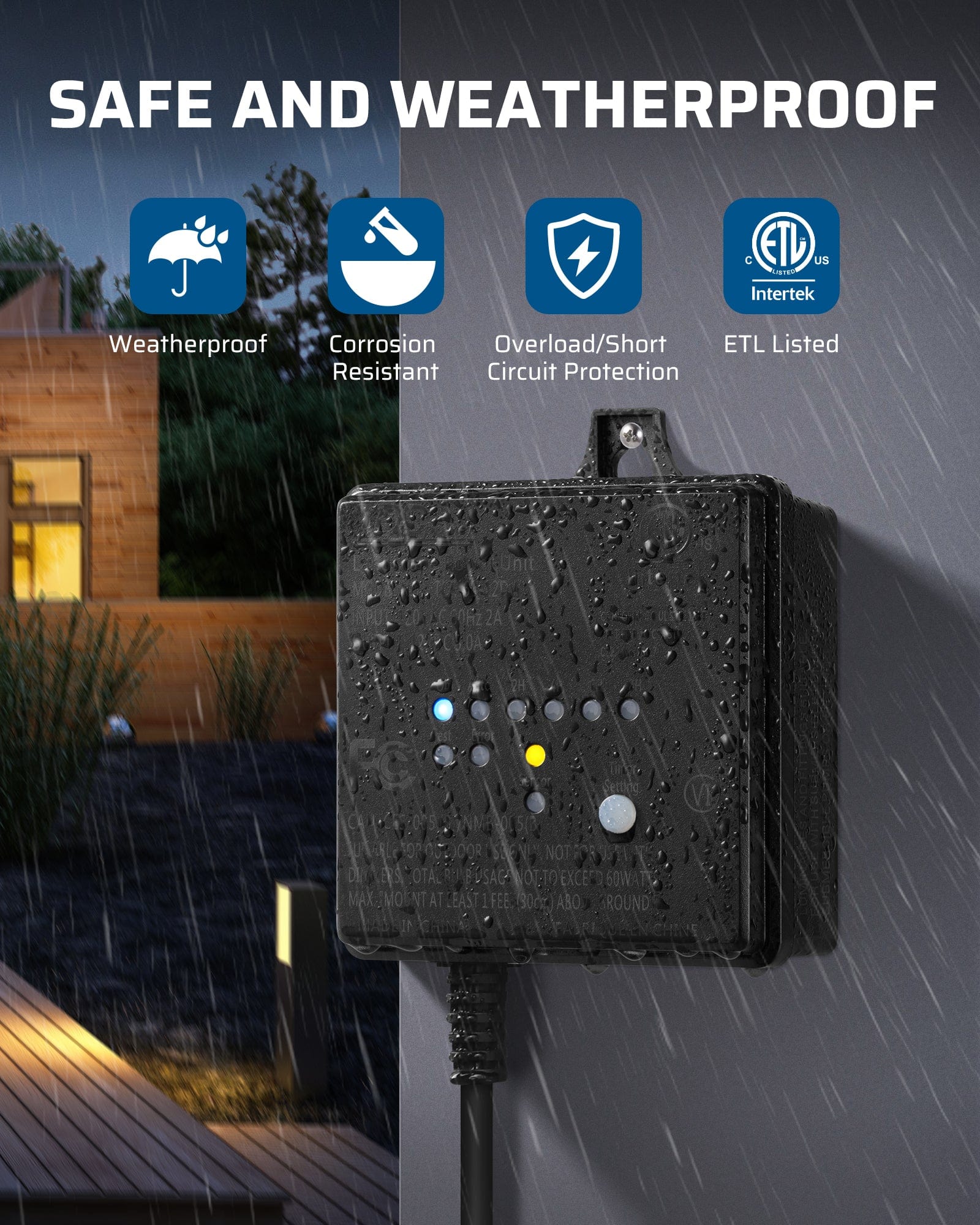 DEWENWILS 60W Low Voltage Transformer, safe and weatherproof with corrosion resistance, overload/short-circuit protection, ETL listed, and Intertek certified