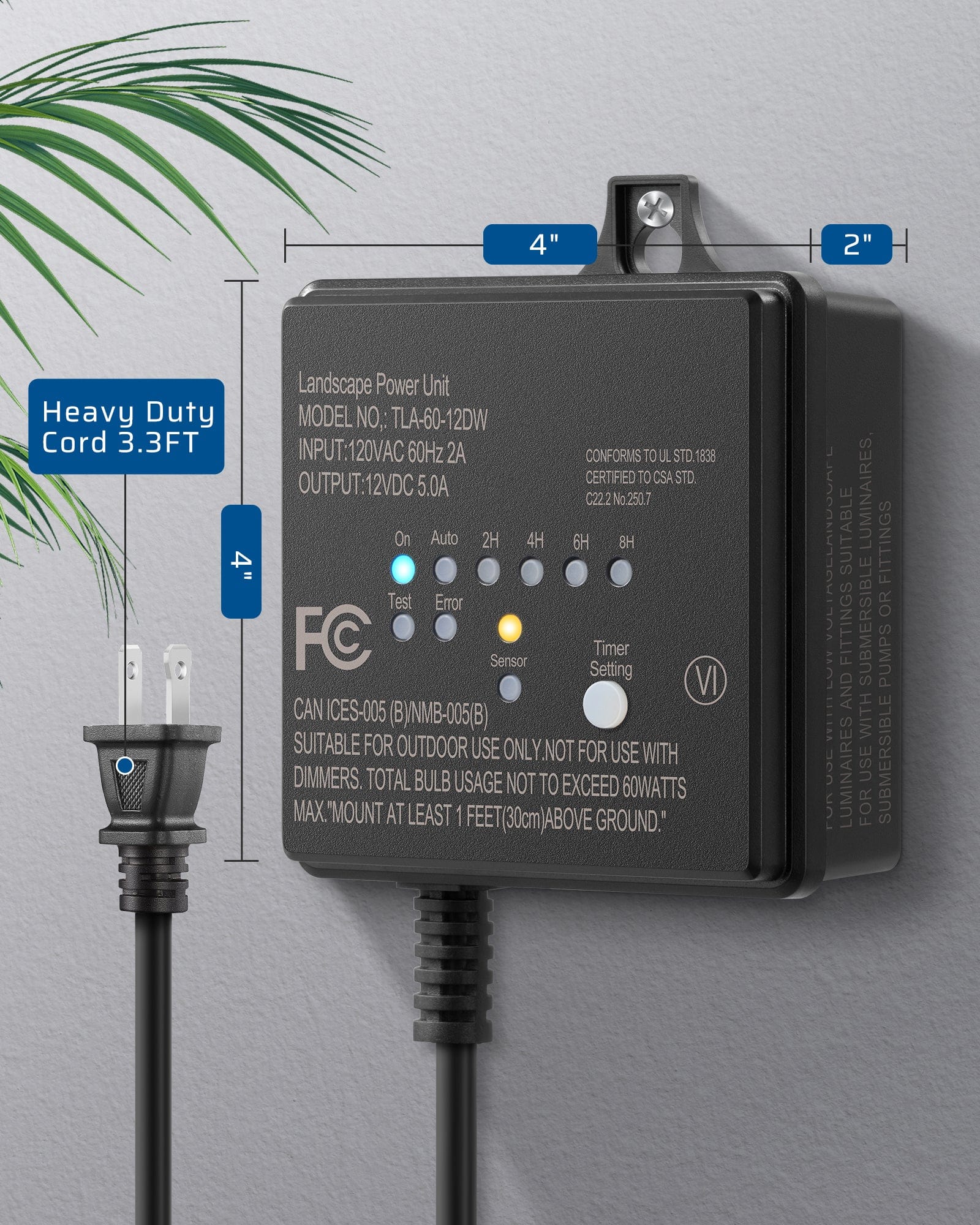 DEWENWILS 60W Low Voltage Transformer, 4×2×4 in, with 3.3 ft heavy-duty cord for reliable outdoor use