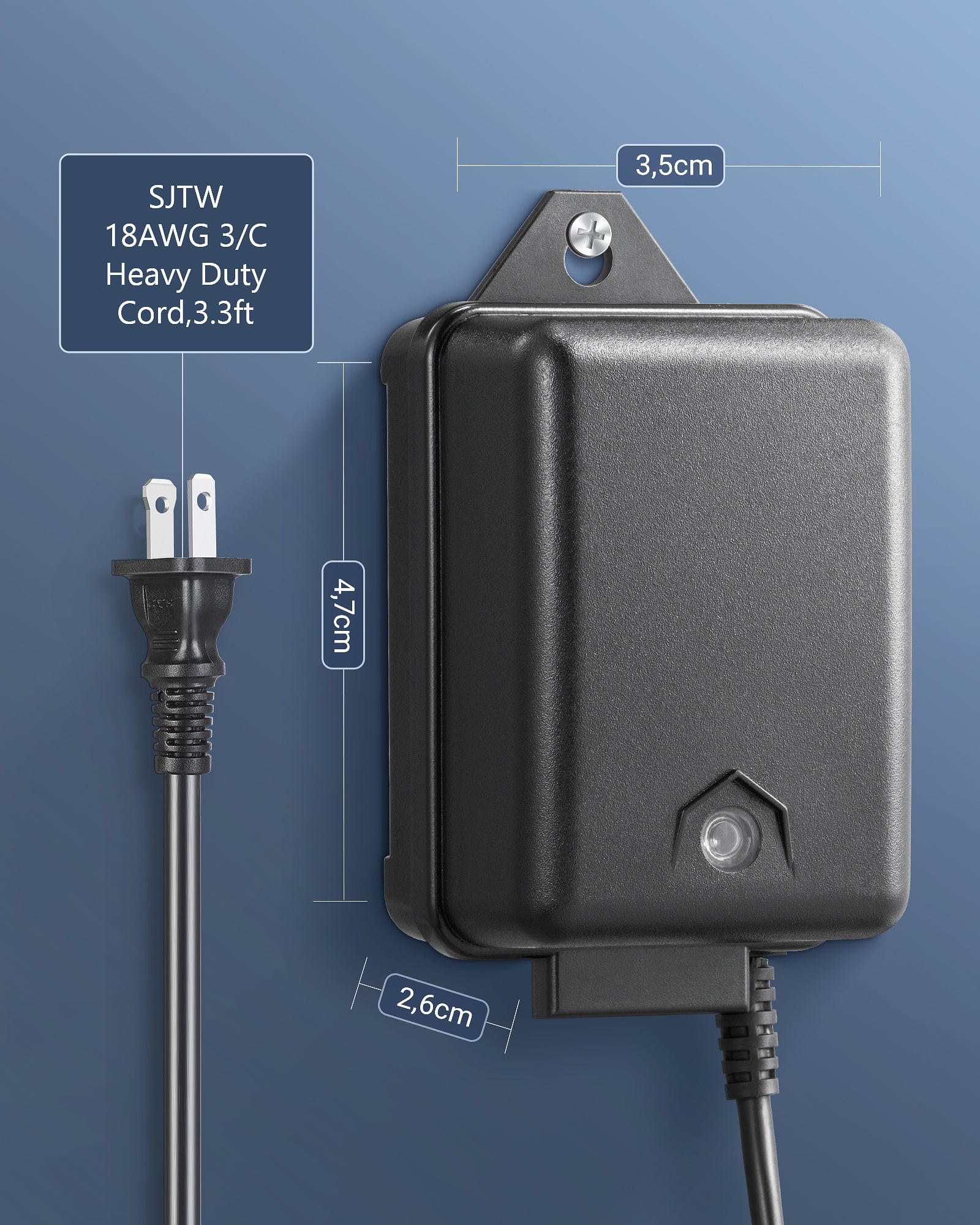 DEWENWILS 60W Low Voltage Transformer, size 3.3 in L × 2.6 in W × 4.7 in H, with 3.3 ft SJTW 18AWG 3/C heavy-duty cord
