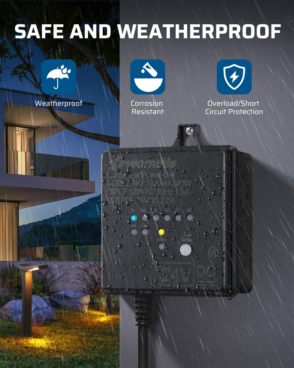 DEWENWILS 60W Low Voltage Transformer is safe and weatherproof with corrosion resistance and overload/short circuit protection