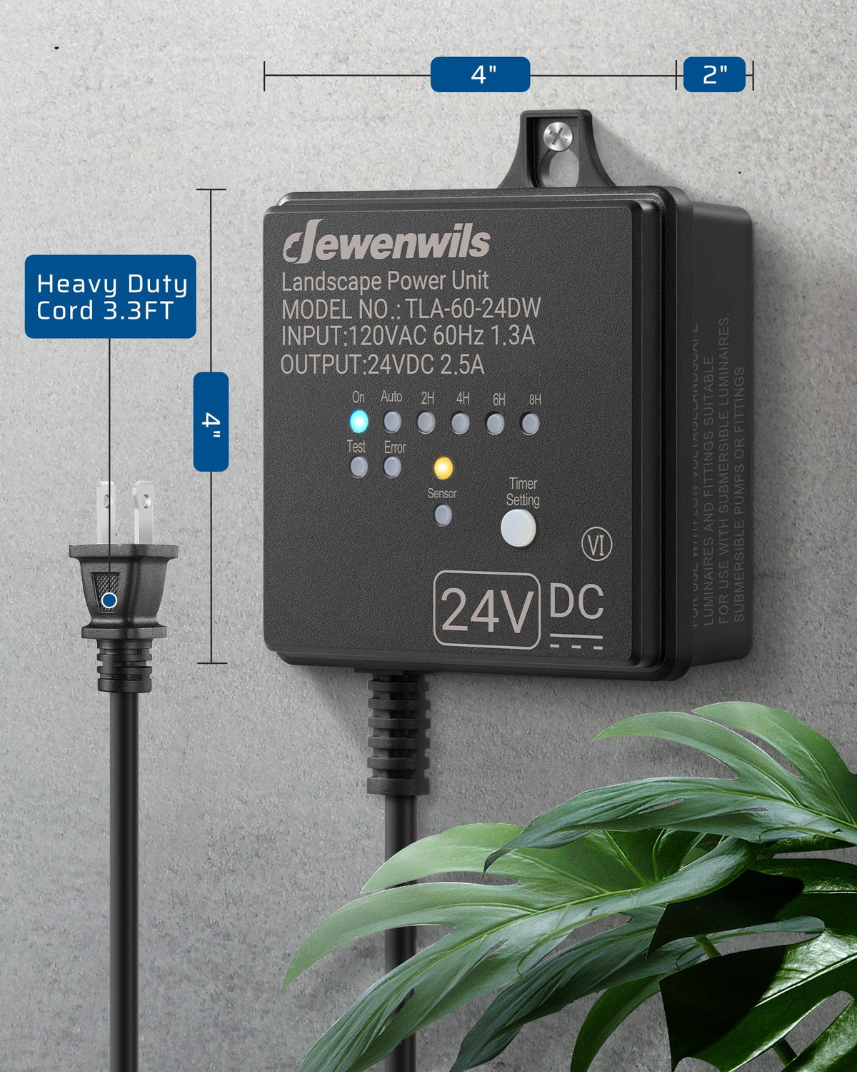 DEWENWILS 60W Low Voltage Transformer measures 4×2×4 in and includes a 3.3 ft heavy-duty cord for outdoor lighting